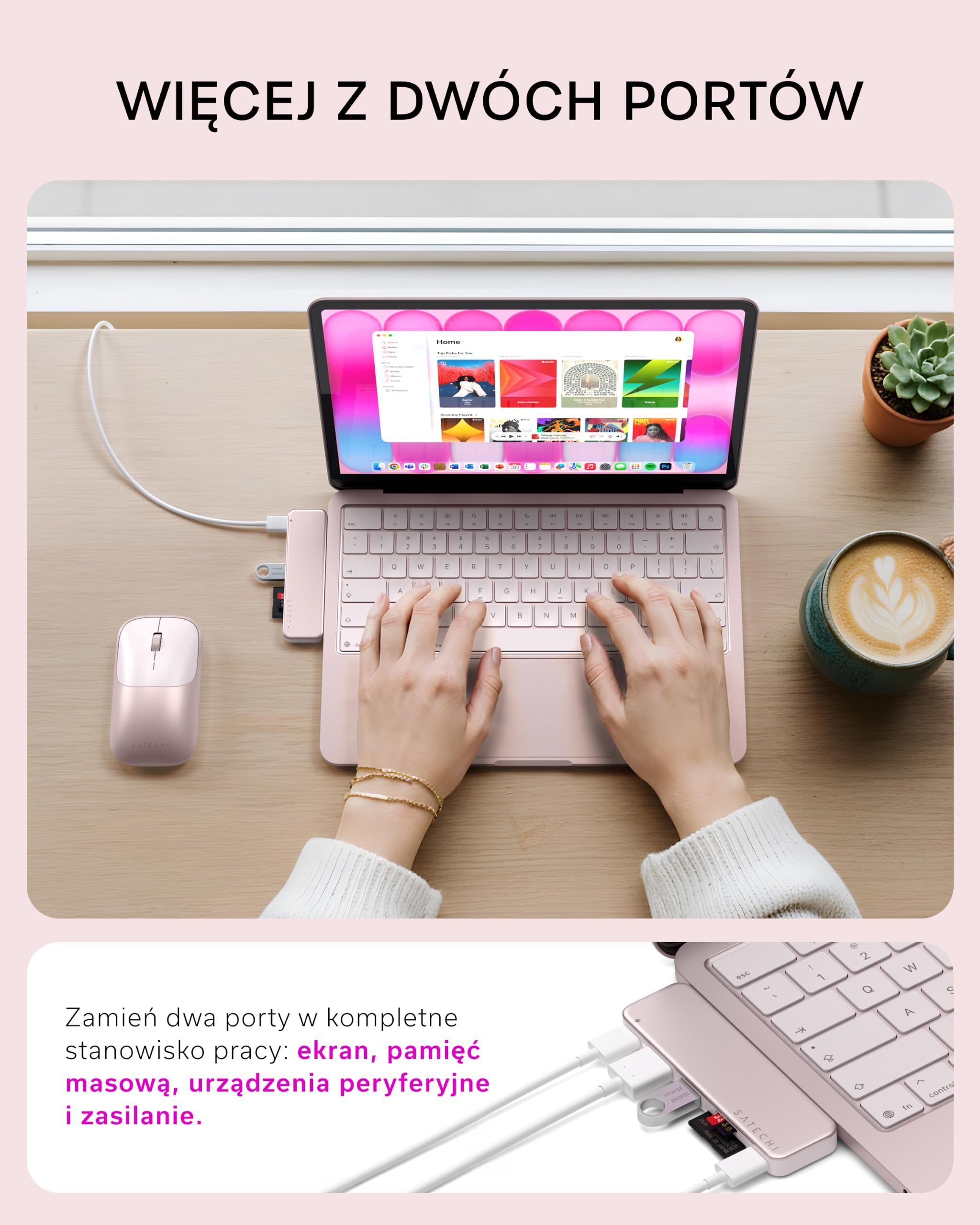 SATECHI hub USB-C Snap 6 w 2 do MacBooka Neo, różowy