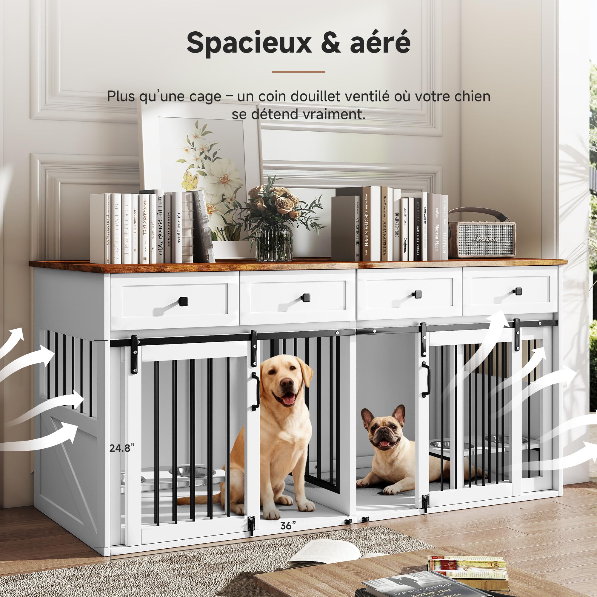 Cage pour Chien Wlince 180 cm (71 po) pour 1 ou 2 Chiens avec Porte coulissante,Cage Robuste pour Chiens de Petite et Moyenne Taille avec 4 gamelles, Structure en Acier,Blanche