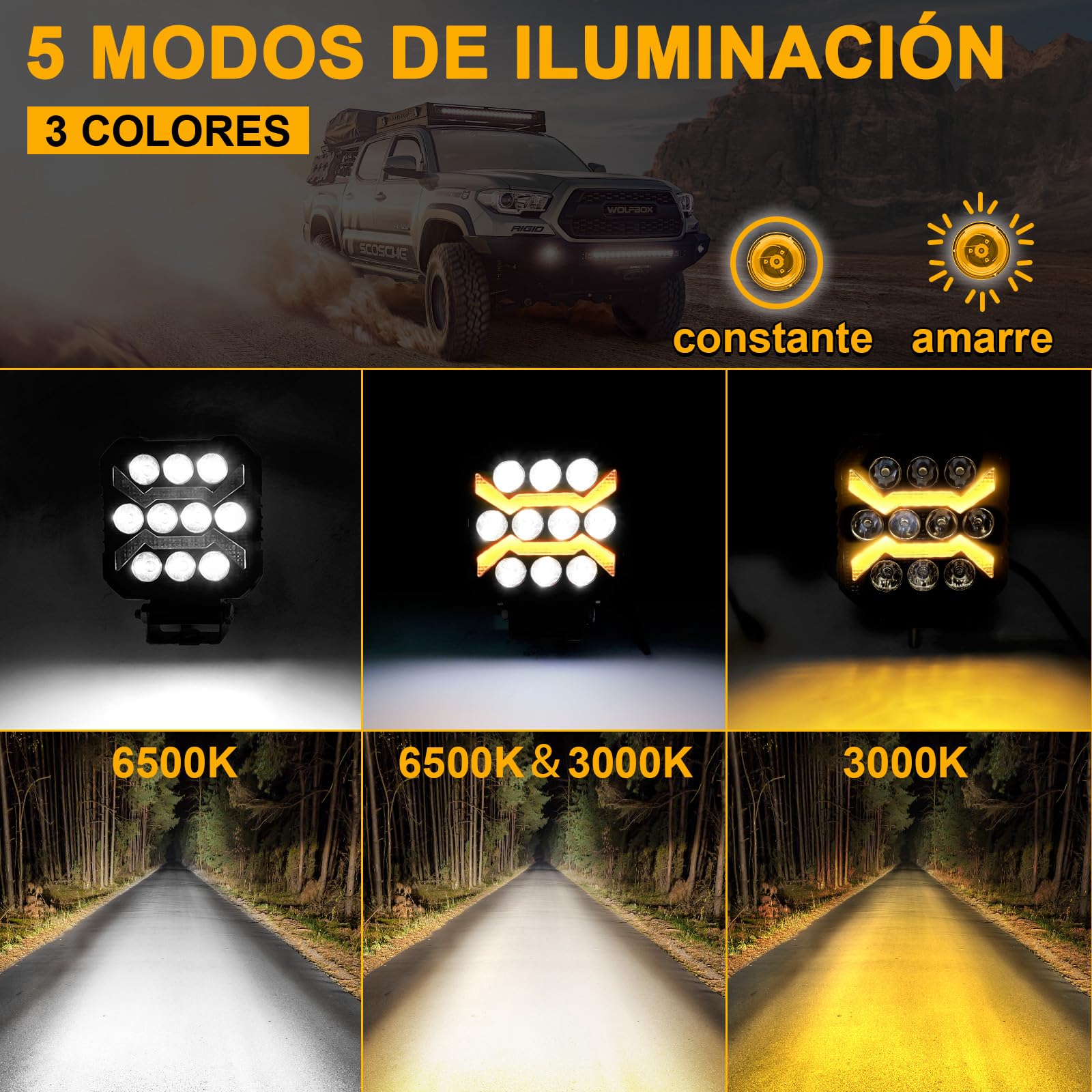 antom 2PCS LED luz de trabajo 3 colores 6500K 5 modos led faro 12V IP68 Impermeable faro adicional para tractor de césped, coche, vehículo de motor, taller, barco, tractor excavadora SUV — view 3