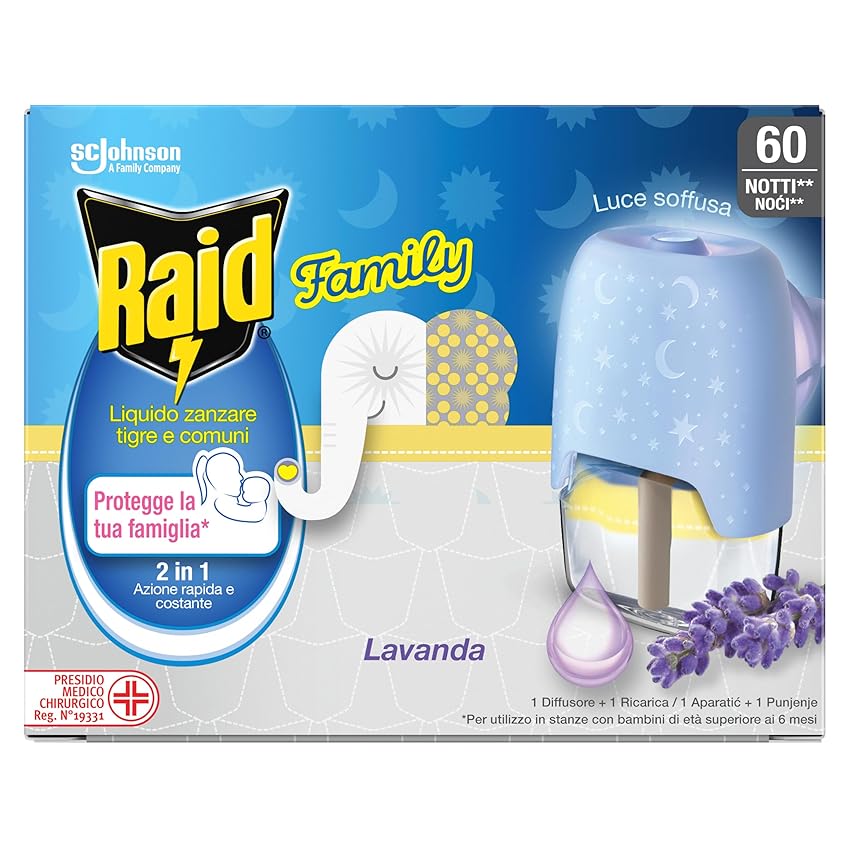 Raid Family Liquido Antizanzare Comuni e Tigre, Fragranza alla Lavanda, 1 Confezione da 1 Diffusore e 1 Ricarica da 36ml, 60 Notti
