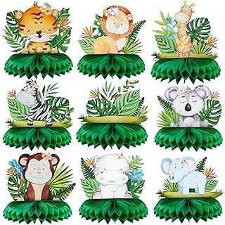 Winlyn 9 Pcs Jungle Safari Centerpieces Set Wild Animals and Tropical Leaves Honeycomb Centerpieces Table Toppers Decorations for Kids Boys Girls Baby Shower Wild One Birthday Classroom Party Supplies