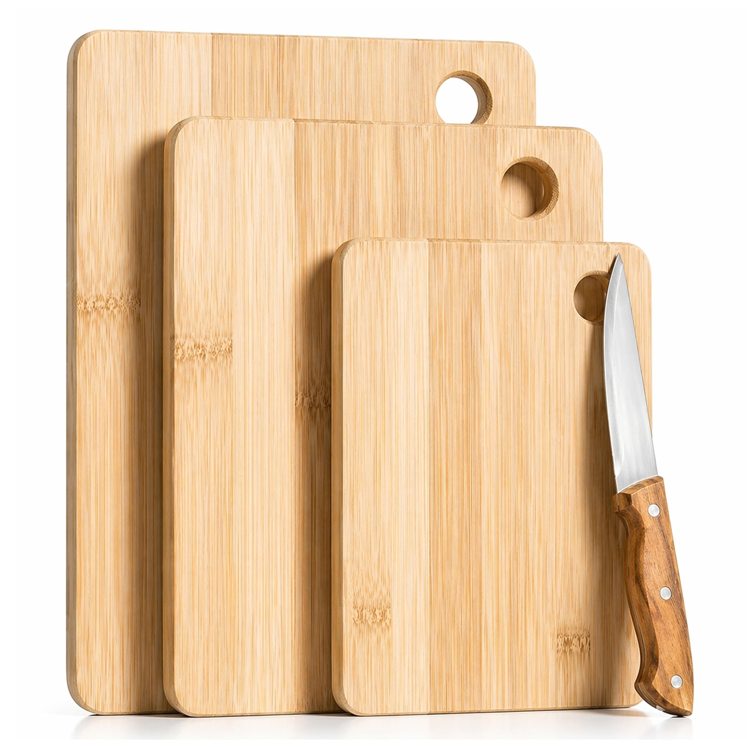 Thick Wooden Cutting Boards Set, 1 Knife + 3 Piece Bamboo Chopping Board 33x22cm / 28x22cm / 22x15cm, Thick 1.5cm, 100% Organic Bamboo Chopping Board for Kitchen, Ideal for Meat, Vegetables Cutting.