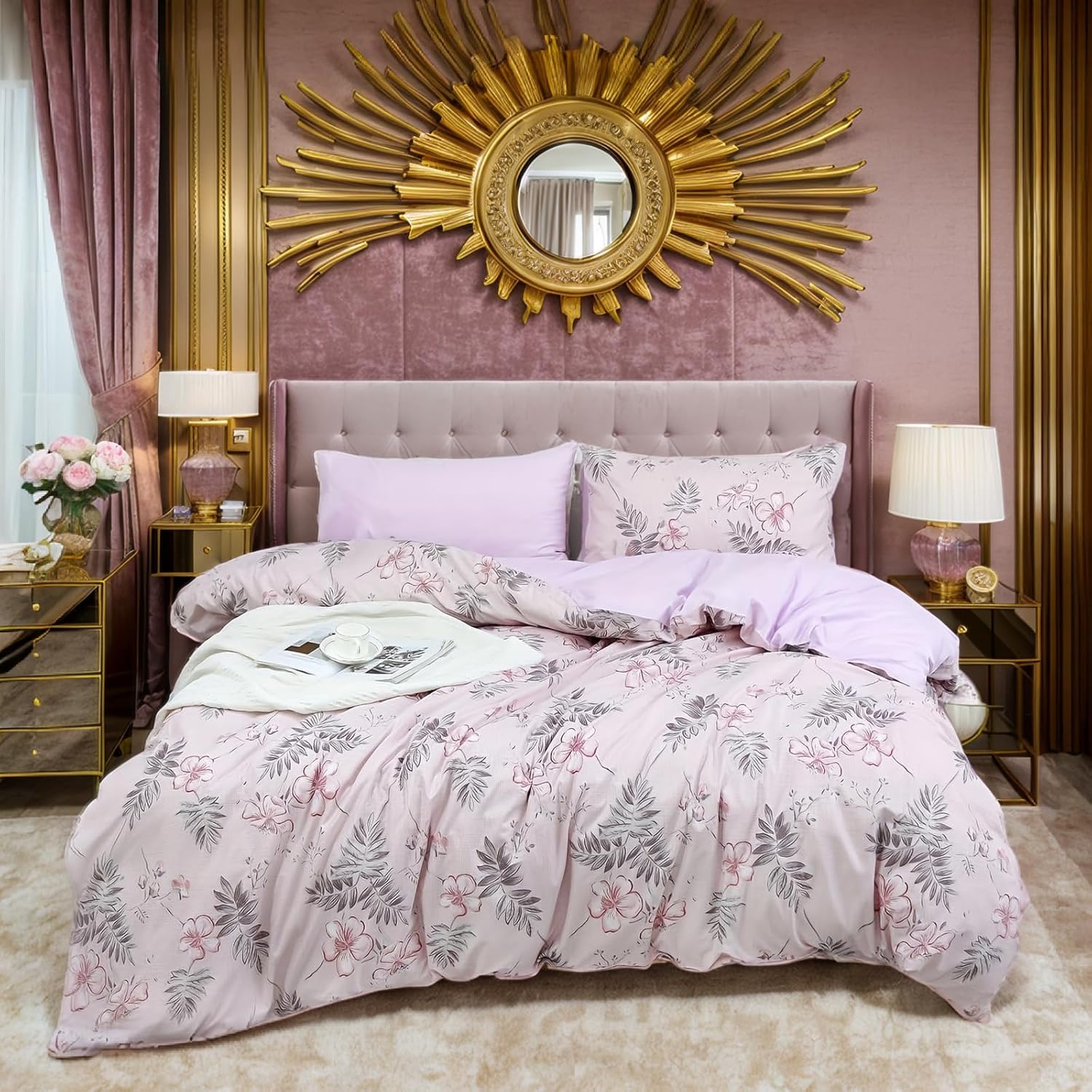 Lemfux Duvet Cover Set Queen 3-Piece, 1 Duvet Cover 90" x 90", 2 Pillowcases 20" x 30", Elegant Pink Floral & Botanical Palm Leaf Design Ultra Lightweight, Stain-Resistant with Zipper Closure