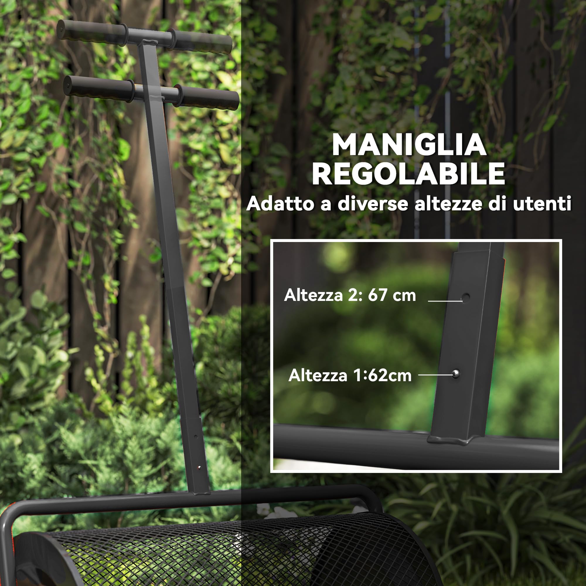 Outsunny Spandiconcime da 75L Manico a T Regolabile 70x40x112 cm Nero | Maniglia Imbottita, Rullo per Prato da Giardino in Metallo