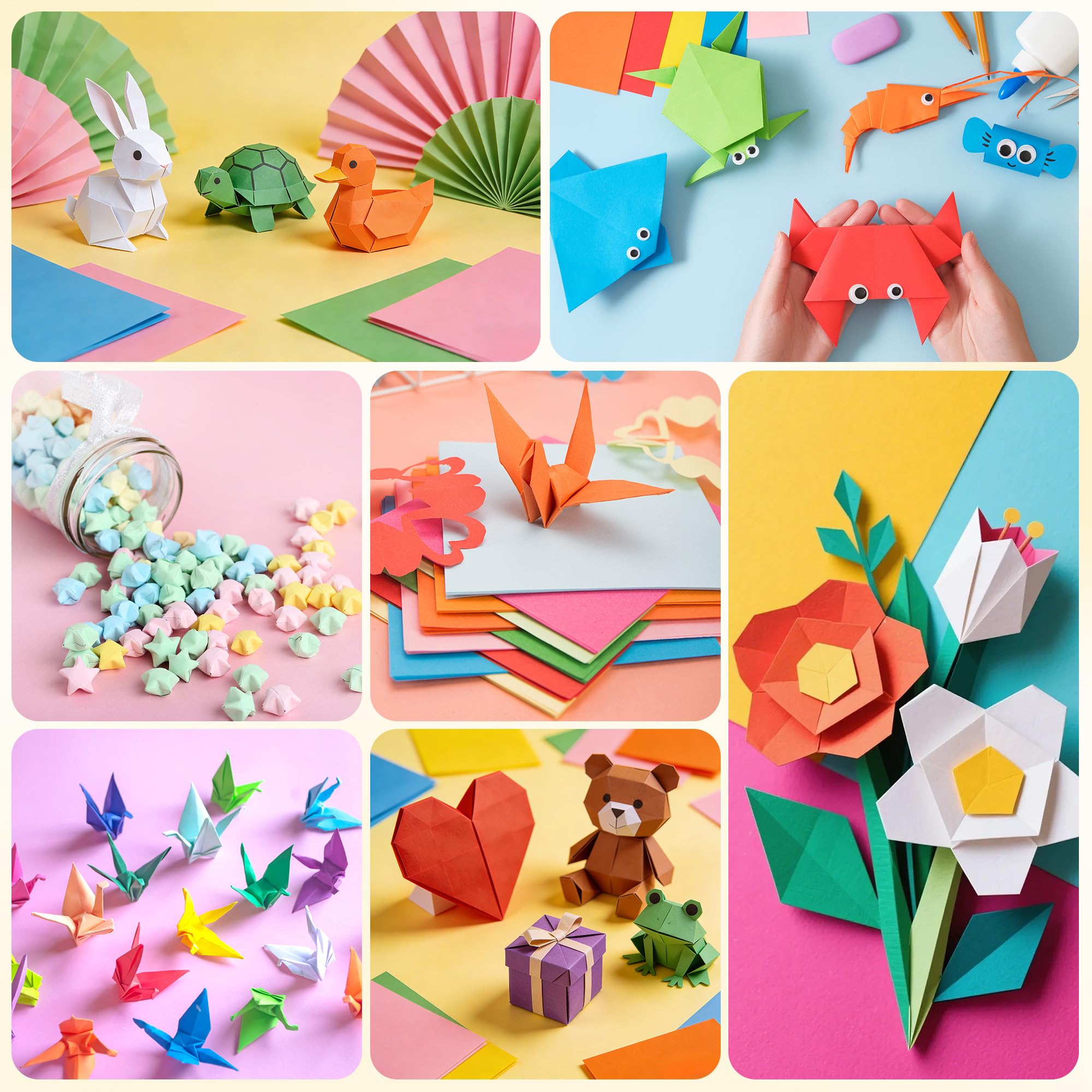 Juego de 840 Hojas de Papel Origami, 20 Colores, Doble Cara, 10/15/20 cm + Tiras, Manualidades