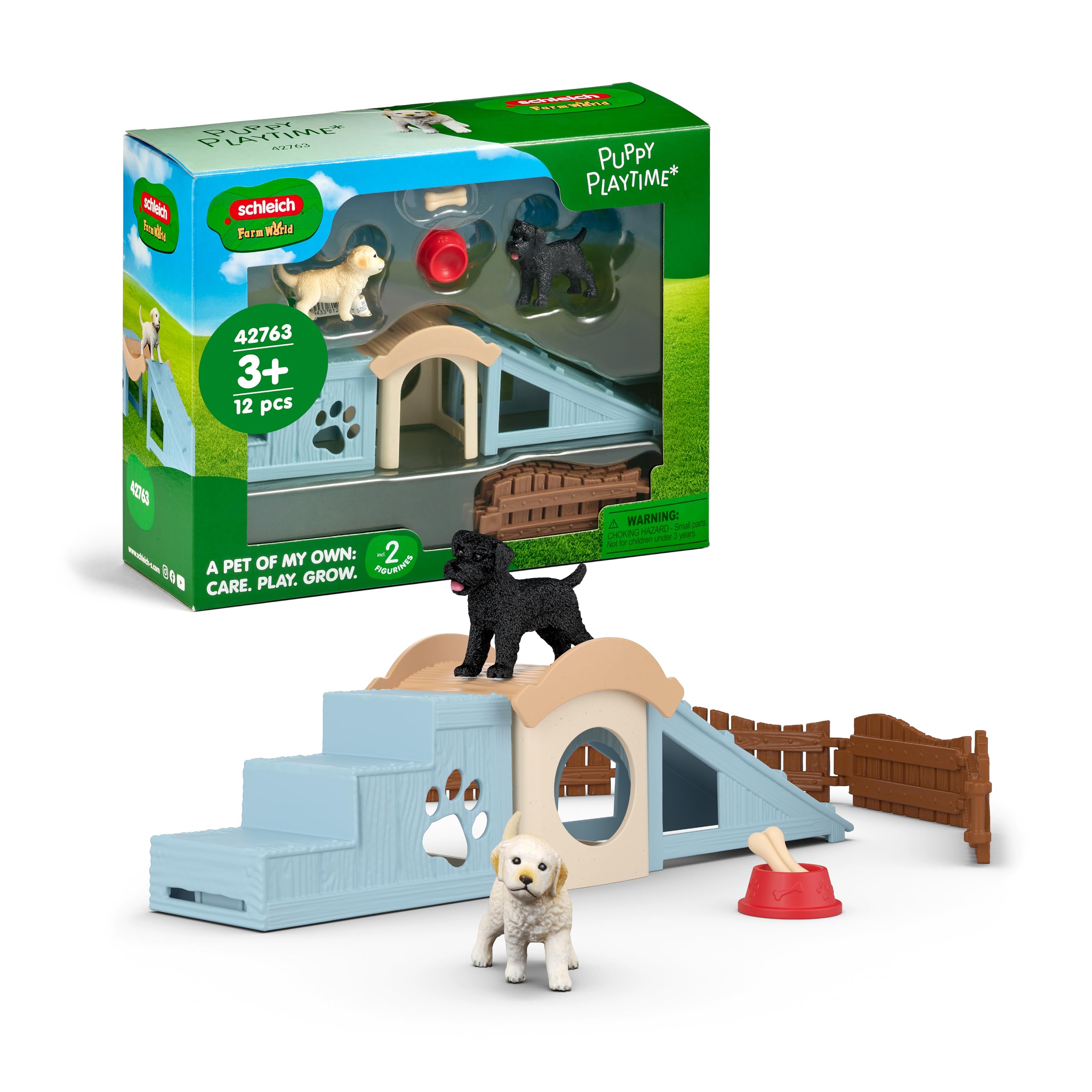 Schleich Farm World | Abenteuerzeit für Welpen 42763 | Set mit 2 Hunden, Hundehütte, Rampe, Treppe & Zubehör | Detailgetreues Bauernhof Spielzeug | Geschenkidee für Kinder ab 3 Jahren | 12 Teile