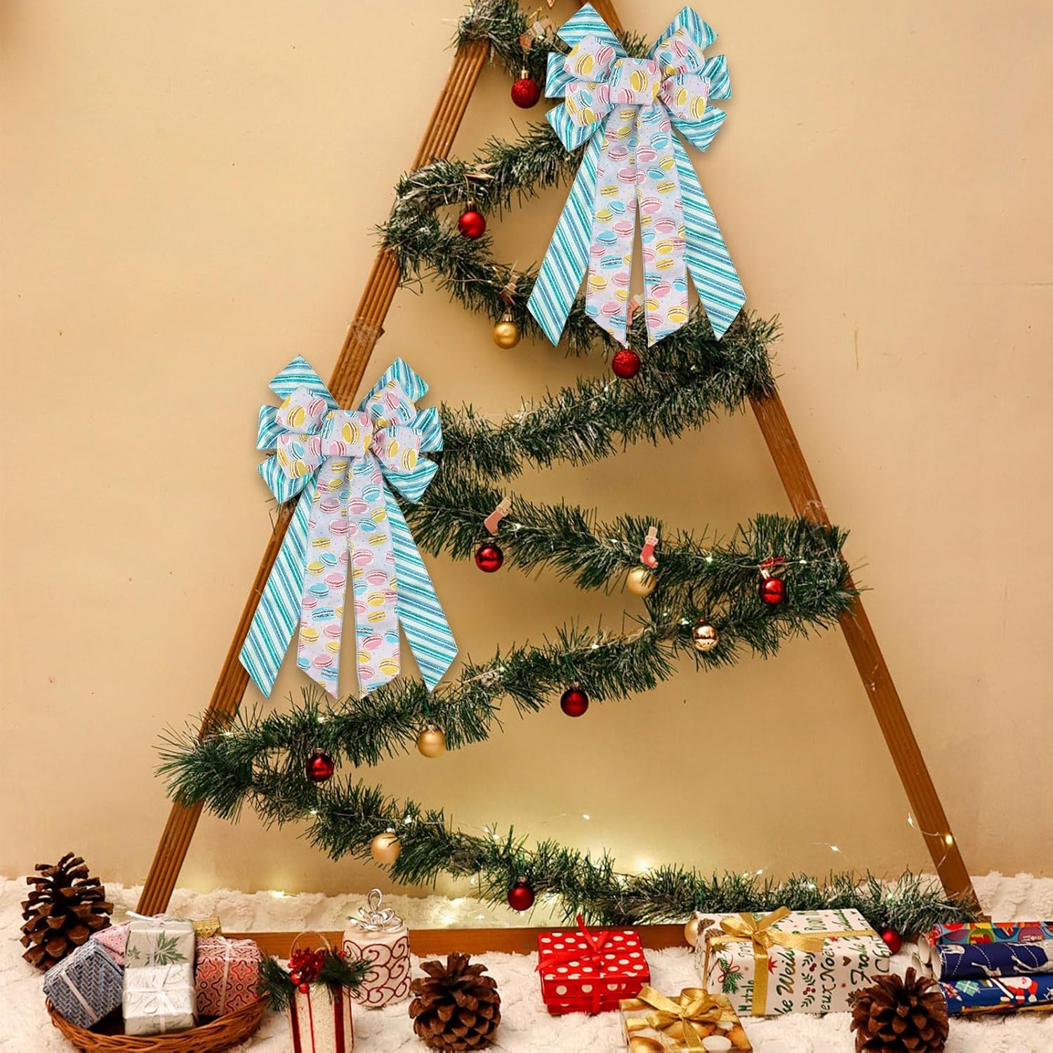 Large Christmas Wreath Bow Christmas Decor Bow Blue Stripes Macaron Ribbon Bows for Wreath, New Year Tree Topper Bows for Wedding Party Holiday Indoor Outdoor Decor Home Wreath Ornament Supplies - Image 6