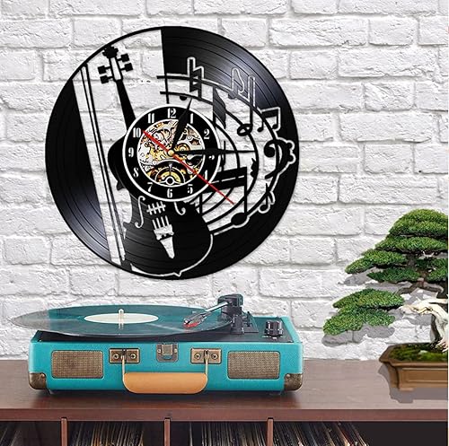 Miniatura 5 de Reloj de pared de 11.8 in con notas musicales de guitarra, reloj de vinilo para colgar en silencio, para amantes de la música, estudio, instrumento,