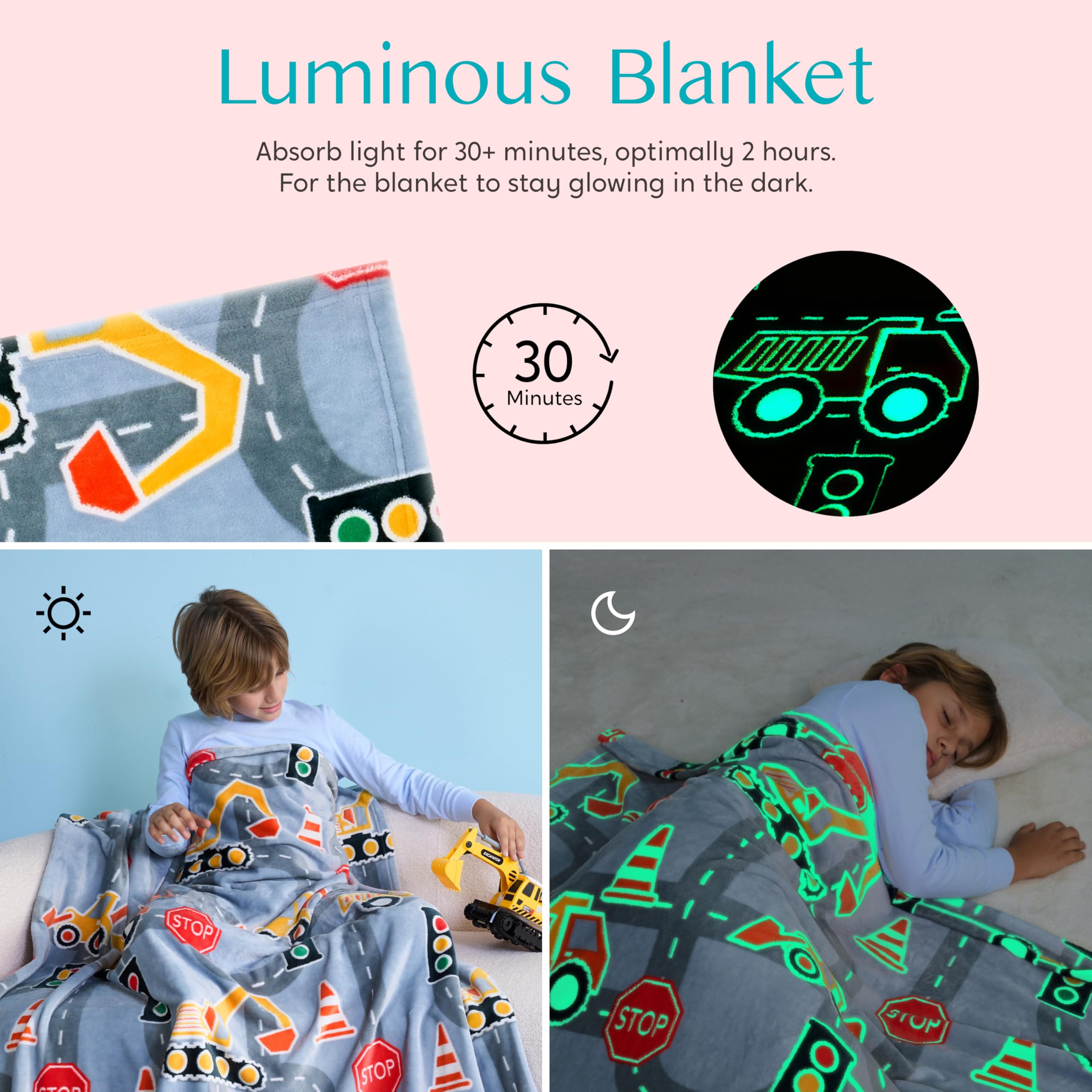 Joiedomi Glow in The Dark Blanket - Construction Gifts for Girls Boys Age 2 3 4 5 6 7 8 9 10 11 12 Year Old - Soft Cozy Flannel Kids Throw Blanket - Birthday Bedroom Decor 50"60" - Image 3