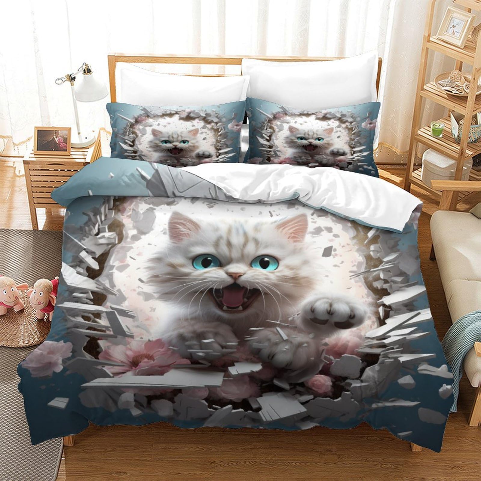 P1S9U7W5Y 3D Printed Torn Cat Pattern Duvet Cover Set 3 Pieces Microfiber Bedding for Adults Teens Cat Lovers Bed Set Soft Breathable Bedroom Decor Double（200x200cm）