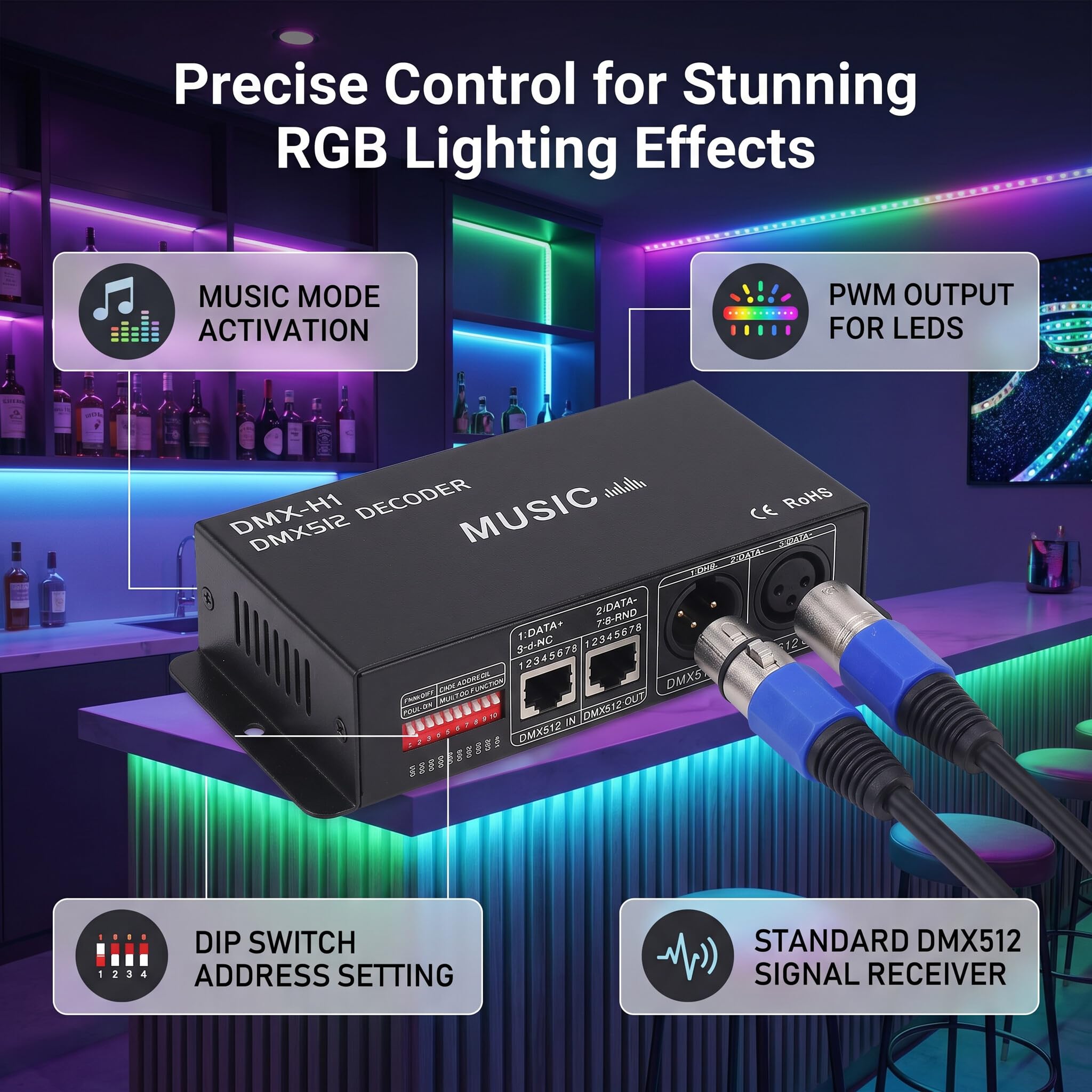 Decoder RGB 8A per Canale Compatibile con Segnale PWM e Controller Dimmer LED per Striscia Luminosa 12V-24V per Illuminazione Smart Home, Decorazione Feste, Spazi Commerciali