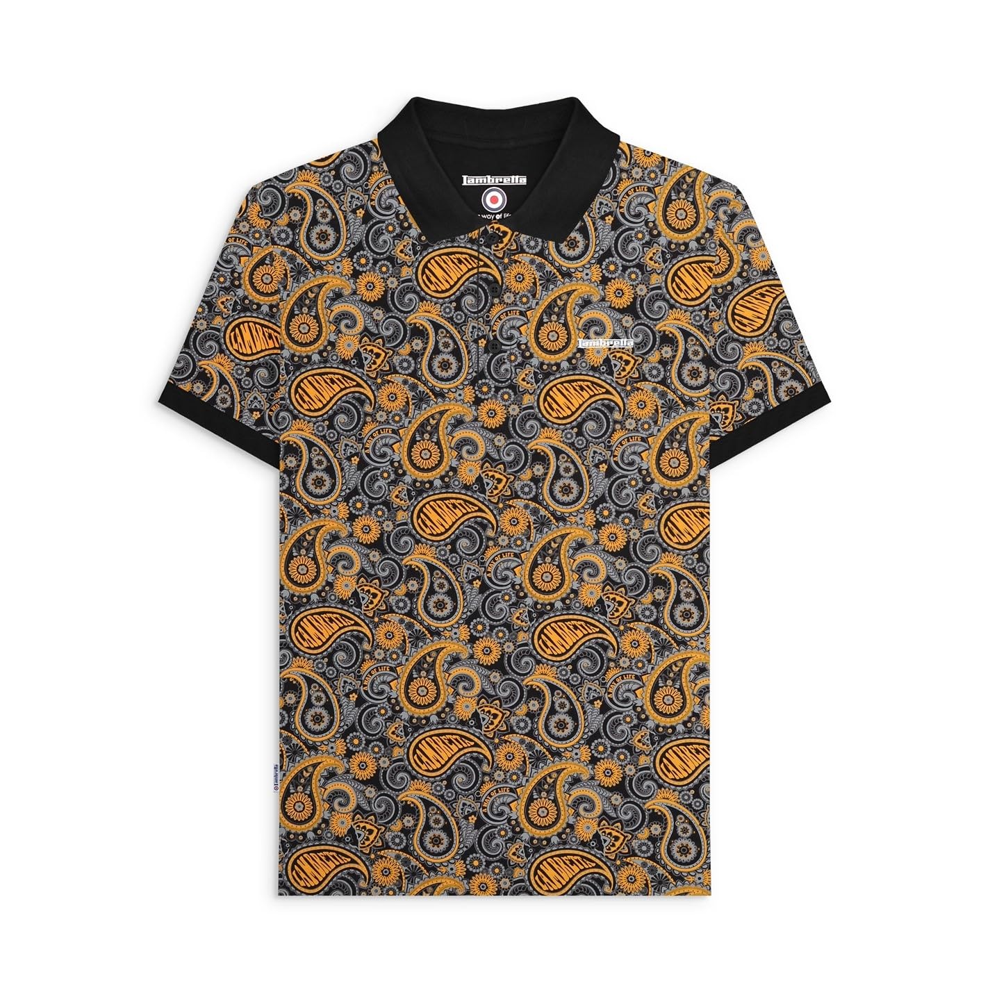 Lambretta Mens Brand Paisley Short Sleeve Polo Shirt (UK, Alpha, 4XL, Regular, Regular, Black/Gold)