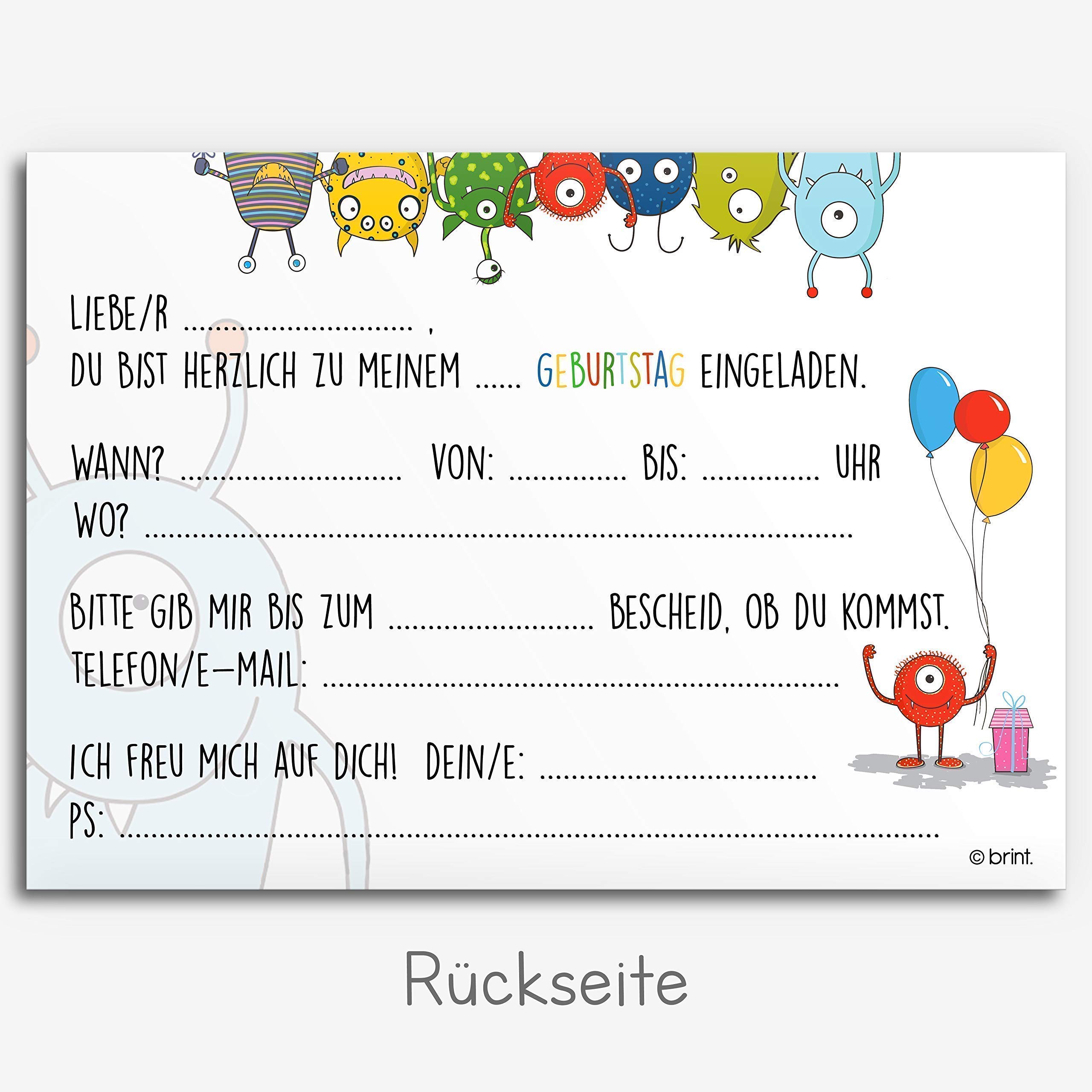 12 Biglietti Invito Compleanno Bambini - Motivo Mostri, Carta 300g/m&sup2;, Formato A6 Con Angoli Arrotondati