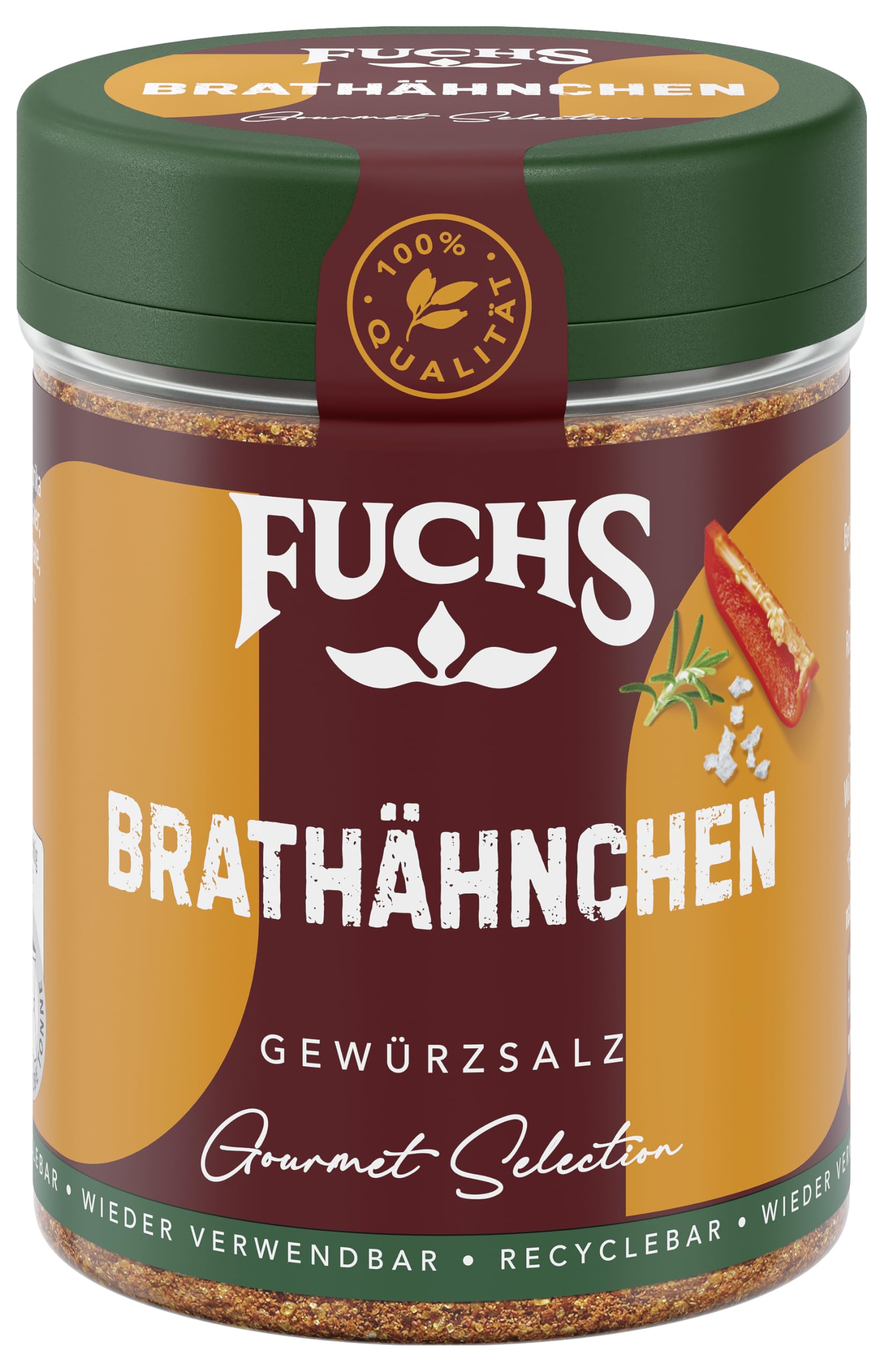 Fuchs Gourmet Selection Klassisch/Heimisch – Brathähnchen Gewürzsalz, nachfüllbares Hähnchen Gewürz, Salz zum Würzen von gebratenem Geflügel-Fleisch, vegan, 80 g