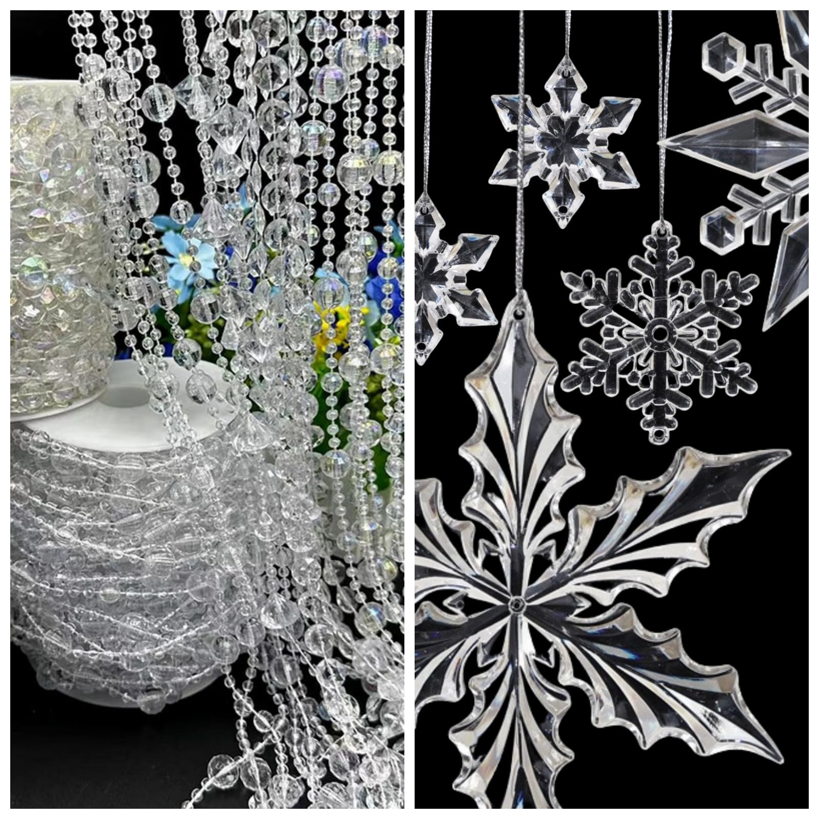 1 juego de copos de nieve transparentes con cordón de perlas transparentes, decoraciones navideñas, adornos para árbol de Navidad, decoración de fiestas de invierno, adorno (H#)