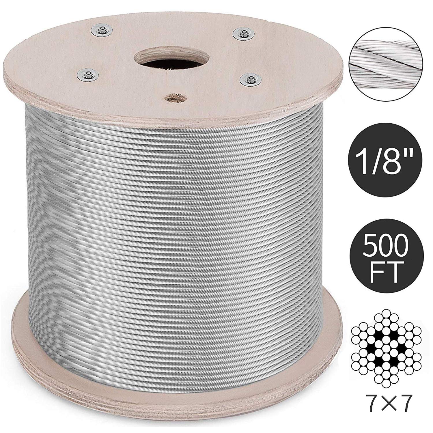 T316 Stainless Steel Cable 1/8Inch 7x7 Steel Wire Rope Aircraft Cable for Deck Cable Railing DIY Decking Balustrade Handrail Cable 500ft