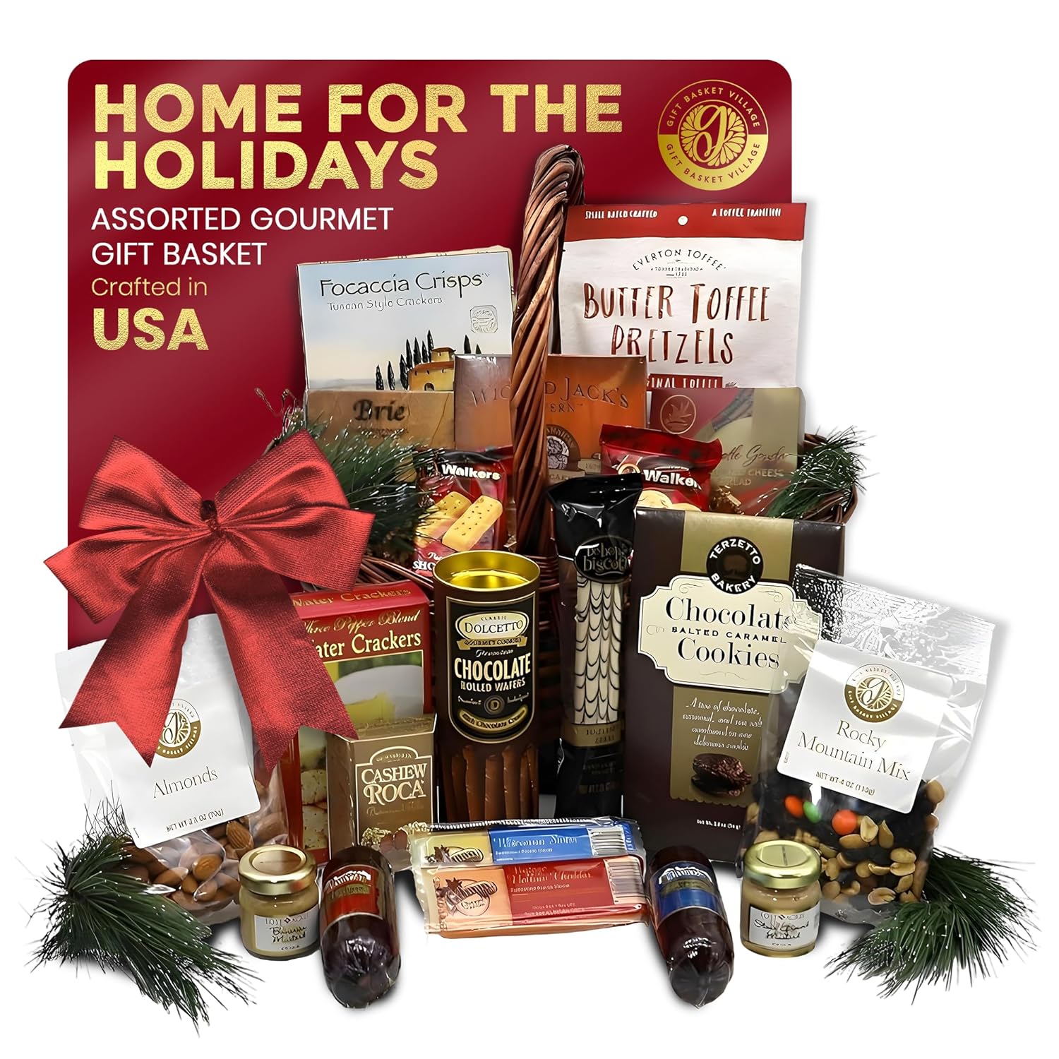 Gift Basket Village - Home For The Holidays Gourmet Gift Basket - Loaded with Crackers, Wafers, and Spreads - Food Gift Basket for All Occasions - Ideal Gourmet Gift Baskets for Family & Friends