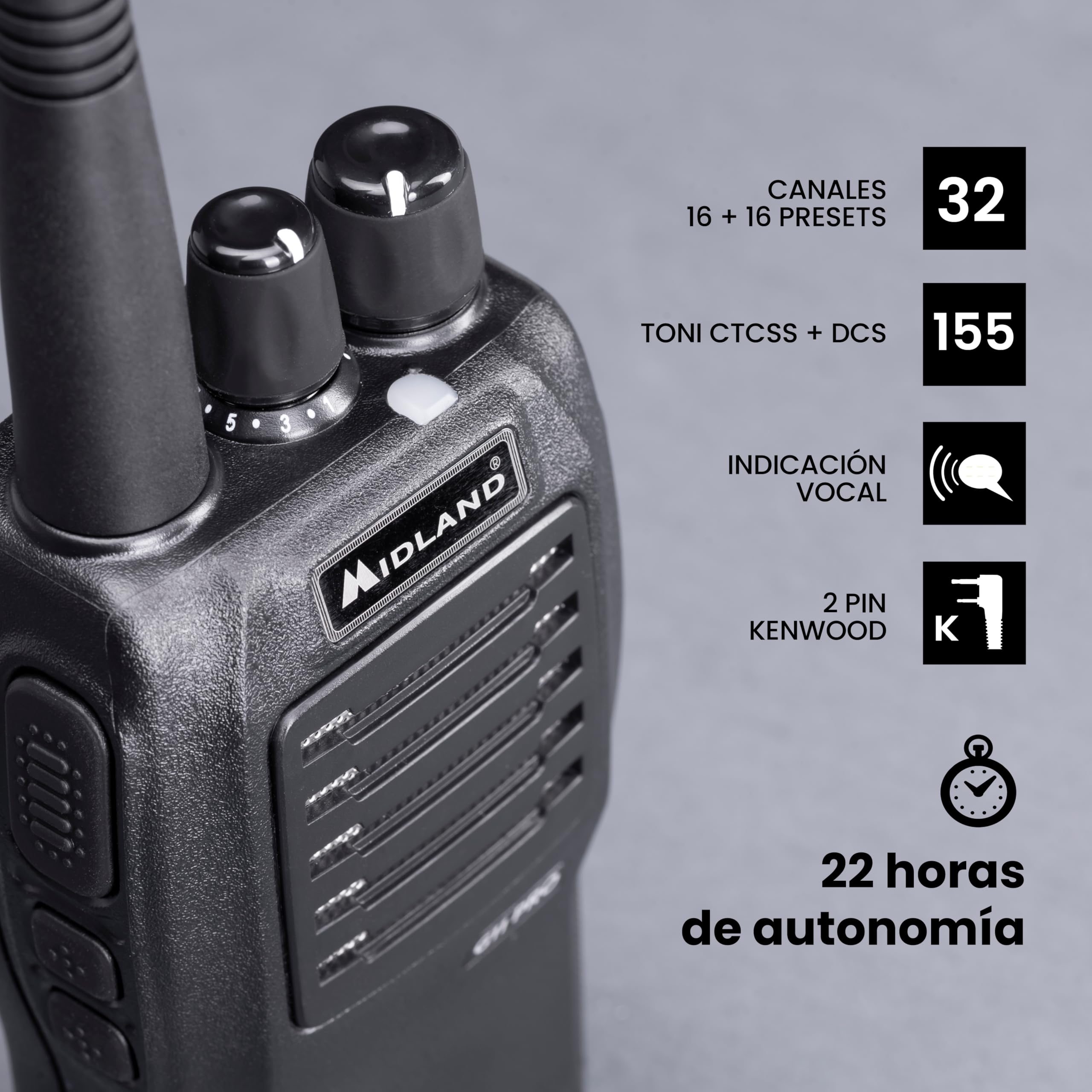 Midland- Walkie Talkie Profesional Largo Alcance G11 Pro, Radioaficionado 32 Canales PMR446, Batería Li-Ion 1600mAh Pilas Recargables y Accesorios, Autonomía 22H, Cobertura 12Km, VOX, 2 Pines Kenwood