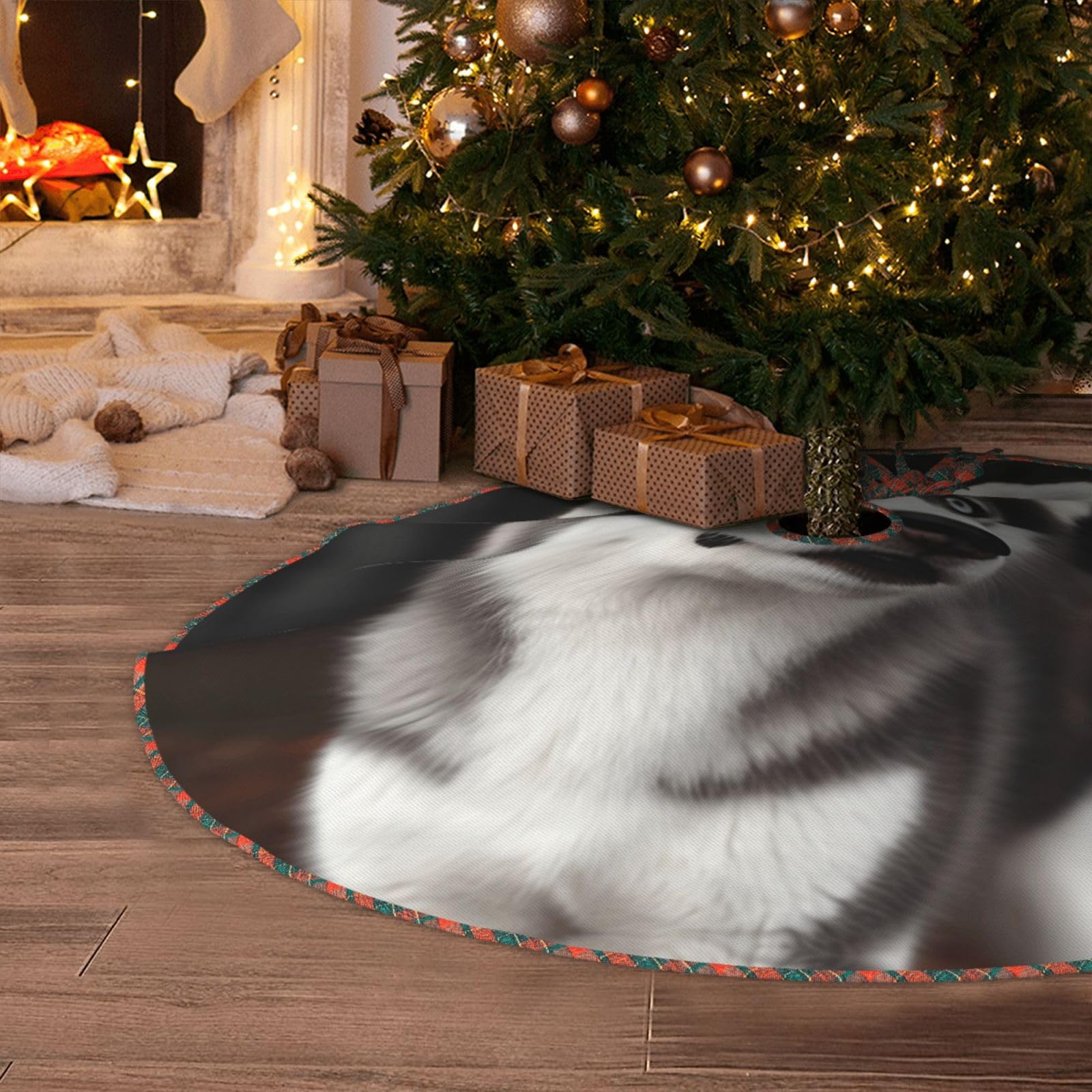 Cute Husky Dog Christmas Tree Skirt 48" Artificial Tree Mat Cover Merry Christmas Burlap Xmas Tree Skirt for Christmas Decoration Holiday Indoor Outdoor Winter Party Decor