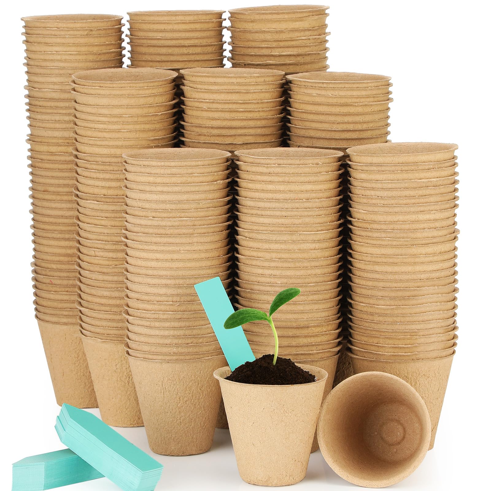 FillTouch Torftöpfe, rund, biologisch abbaubar, Pflanzentöpfe mit 120 Etiketten für Gartenkeimung, klassischer Stil, 8,9 cm, 600 Stück