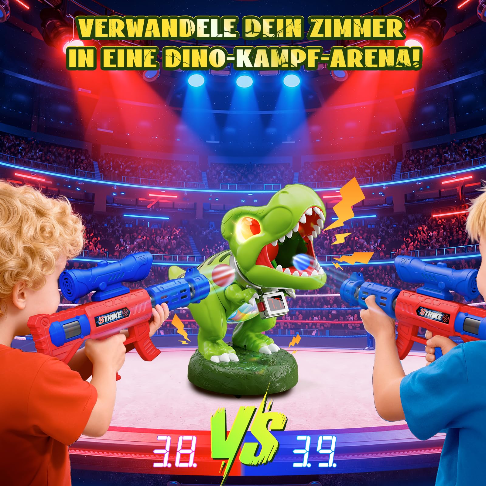 Dinosaurier Schieß Spielzeug Kinder- Bewegliches Realistisches ! kinder Partyspiele ab 3-10 Jahre Jungen, 2 Luftpumpenpistolen, LED, Schaumball, Zähler, Brüllen, Geschenk Junge 4 5 6 7 8 9 10 11 Jahre