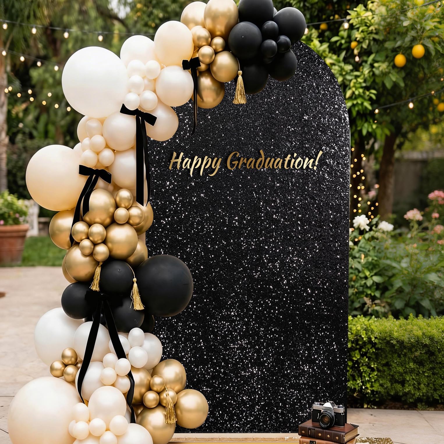 Copertura per sfondo ad arco con paillettes nere da 2,7 m, in tessuto scintillante, per feste, matrimoni, decorazioni fotografiche