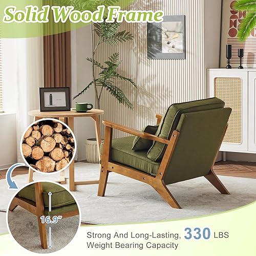 Miniatura 4 de VINGLI Silla decorativa de madera maciza con reposabrazos anchos, silla moderna tapizada de mediados de siglo con almohada, cómoda silla de lectura