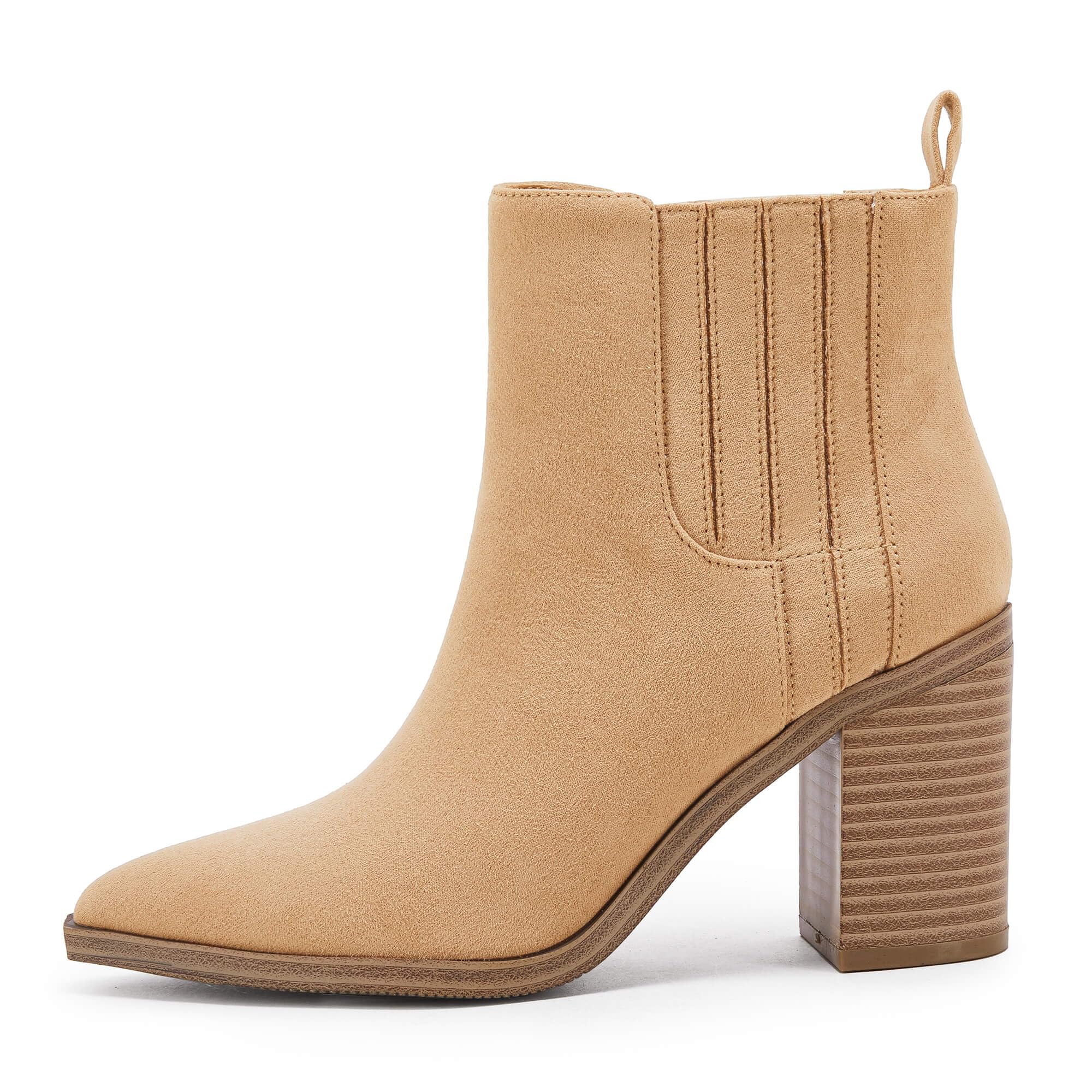 Womens Ankle Boots Slip on Pointed Toe Chunky Block Mid Heel Leather Elastic Panel Casual Chelsea Western Booties