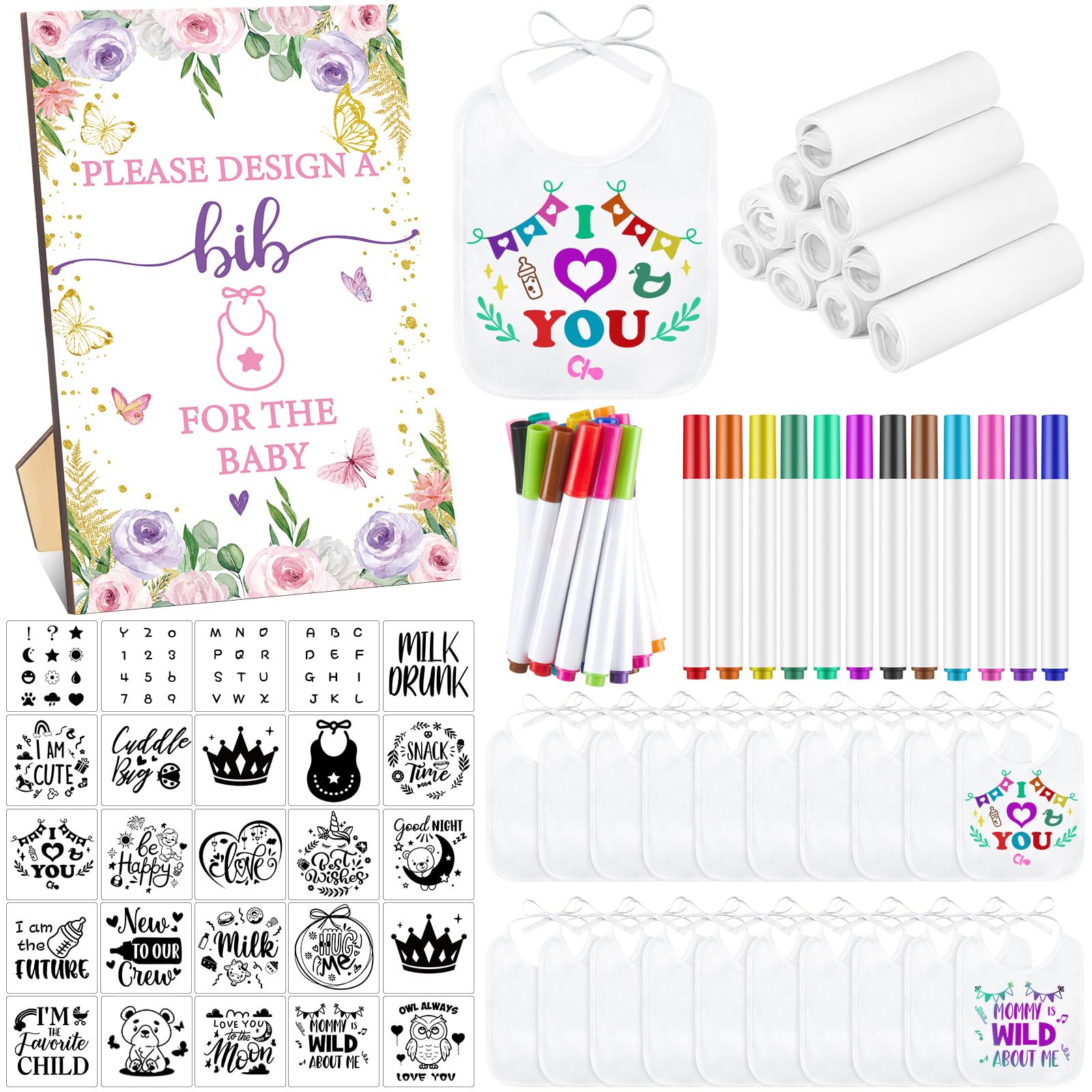 Panitay 100 Pcs DIY Baby Bibs Decorating Kit 50 White Bibs 25 Stencils 24 Fabric Markers 1 Baby Shower Game Sign