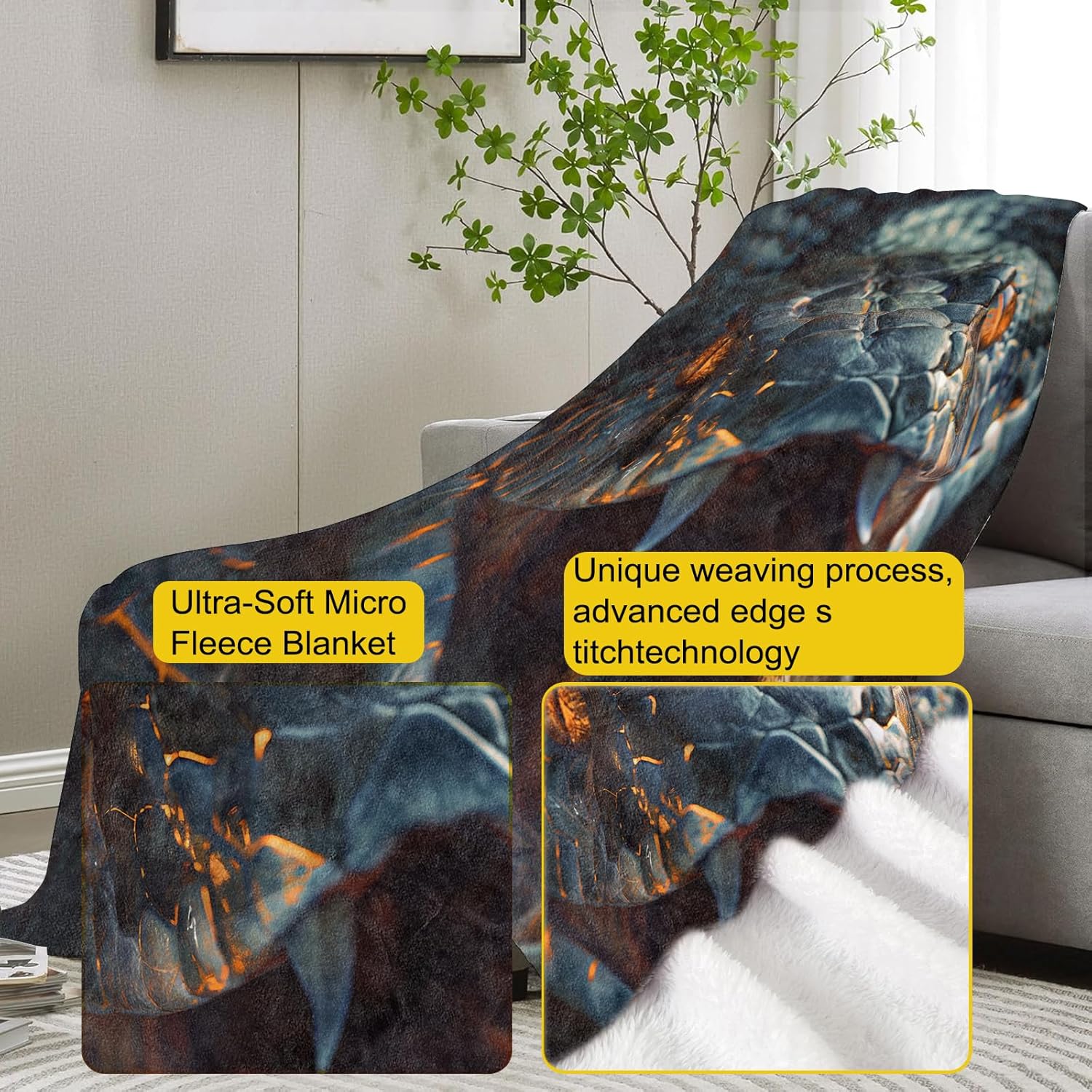 Snake Blanket,Reptile Animal Flannel Throw Blankets,Soft Warm Lightweight Cozy Plush Fierce Serpent Throws for Bedroom Sofa Home Decor Gifts for Adults Kids 50"x60" - Image 3