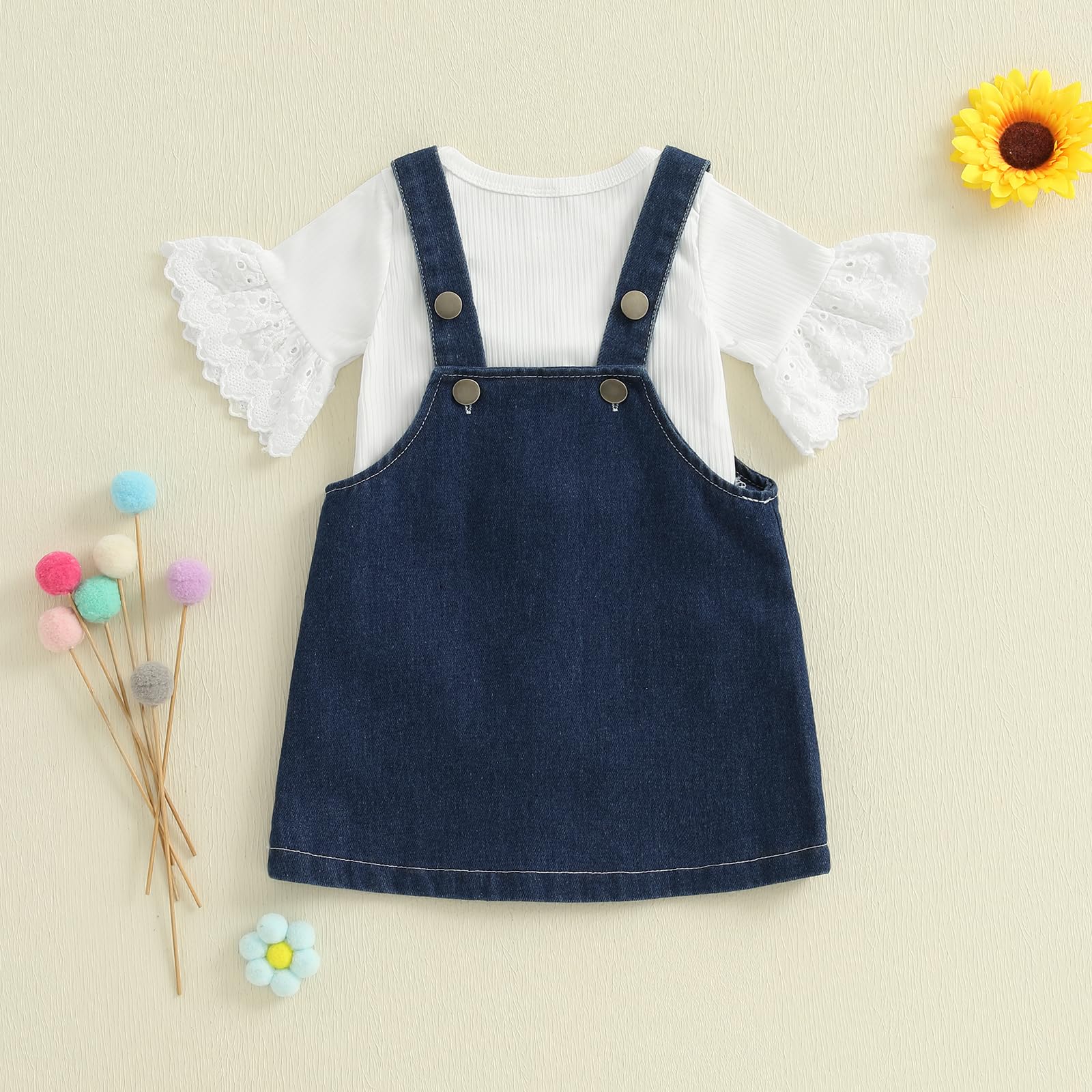 Kodaruber Infant Girl 2 Piece Outfits Eyelet Embroidery Flare Sleeve Ribbed Romper Denim Overall Dress Set Summer Clothes(Blue,6-12 Months)