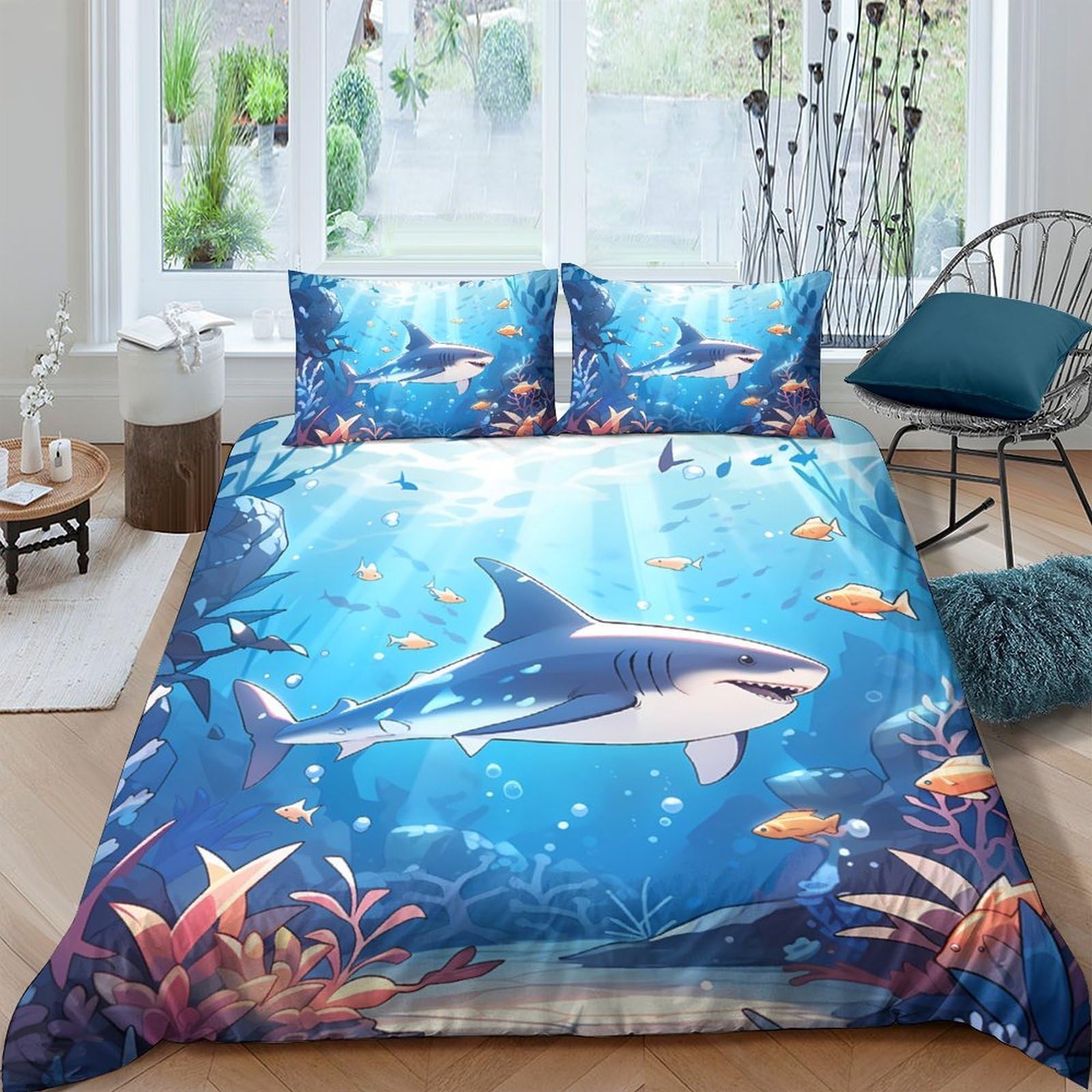 GPLZQXKJNH 3D Printed Ocean Shark Duvet Cover Microfiber Soft Breathable Underwater Bedding Set with 2 Pillowcases for Bedroom Decor Single（135x200cm）