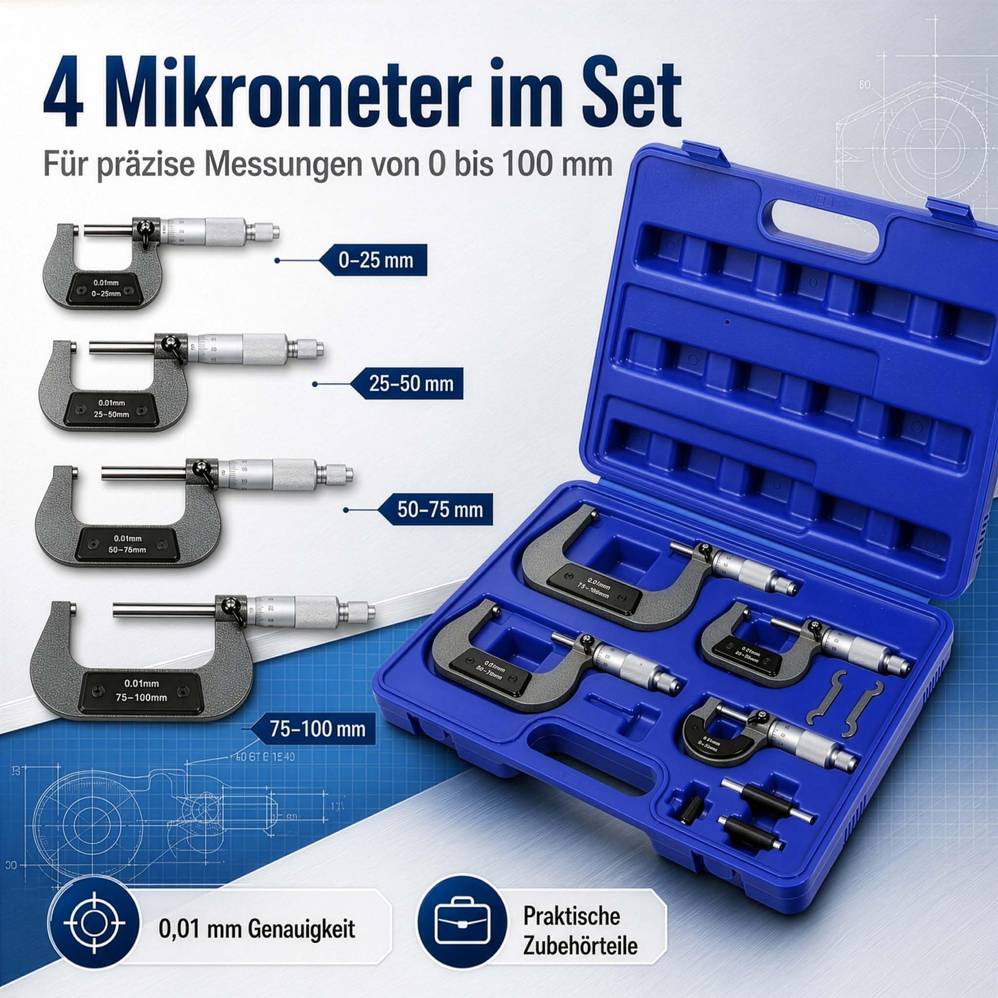 Set de 4 micrómetros 0-100mm Calibrador Micrómetro de exteriores Tornillo Palmer Medición Precisión