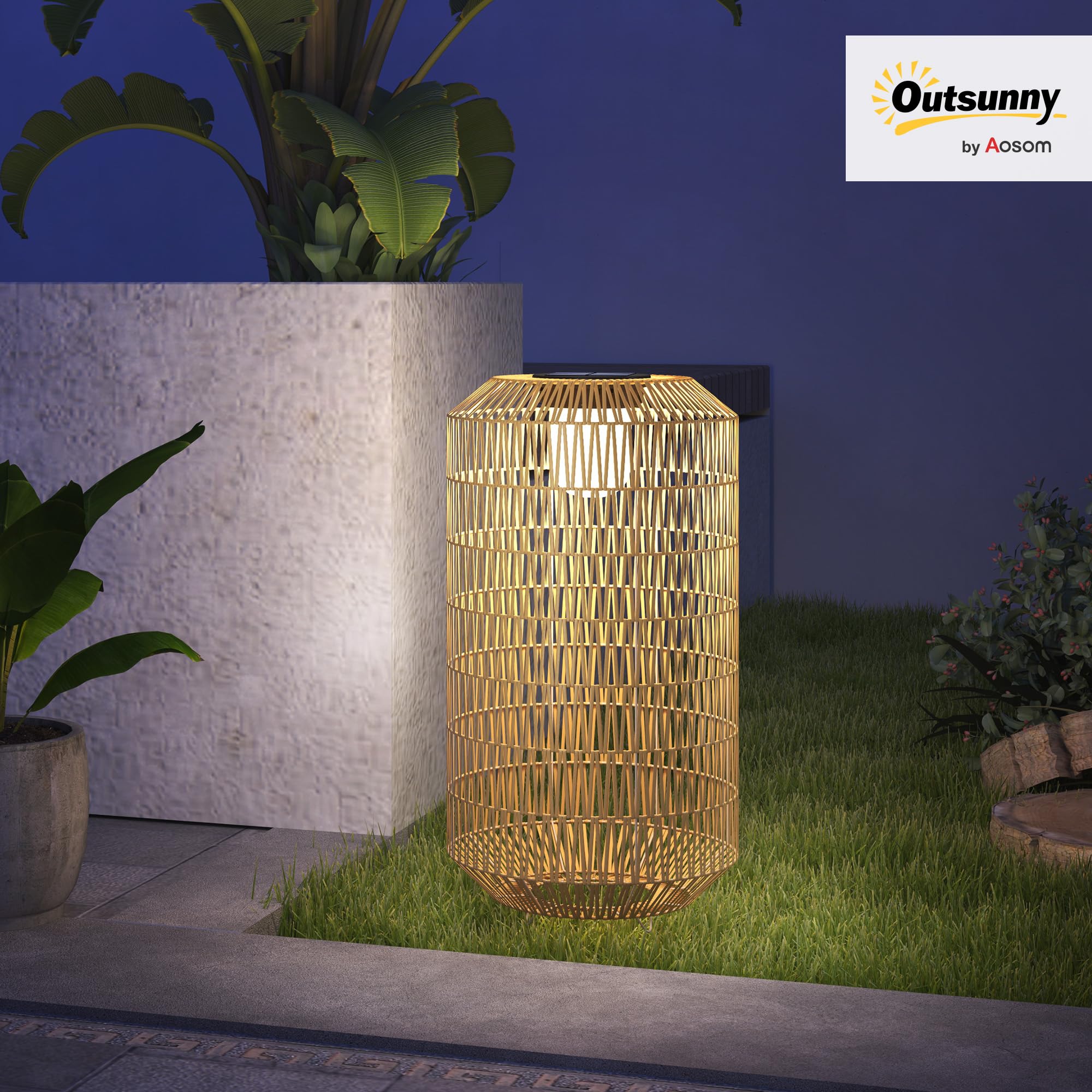 Outsunny Linterna de Jardín de Ratán Sintético Farola Solar con Luces LED Encendido y Apagado Automático Impermeable Estilo Bohemio para Patio Terraza Balcón Ø30x55 cm Natural