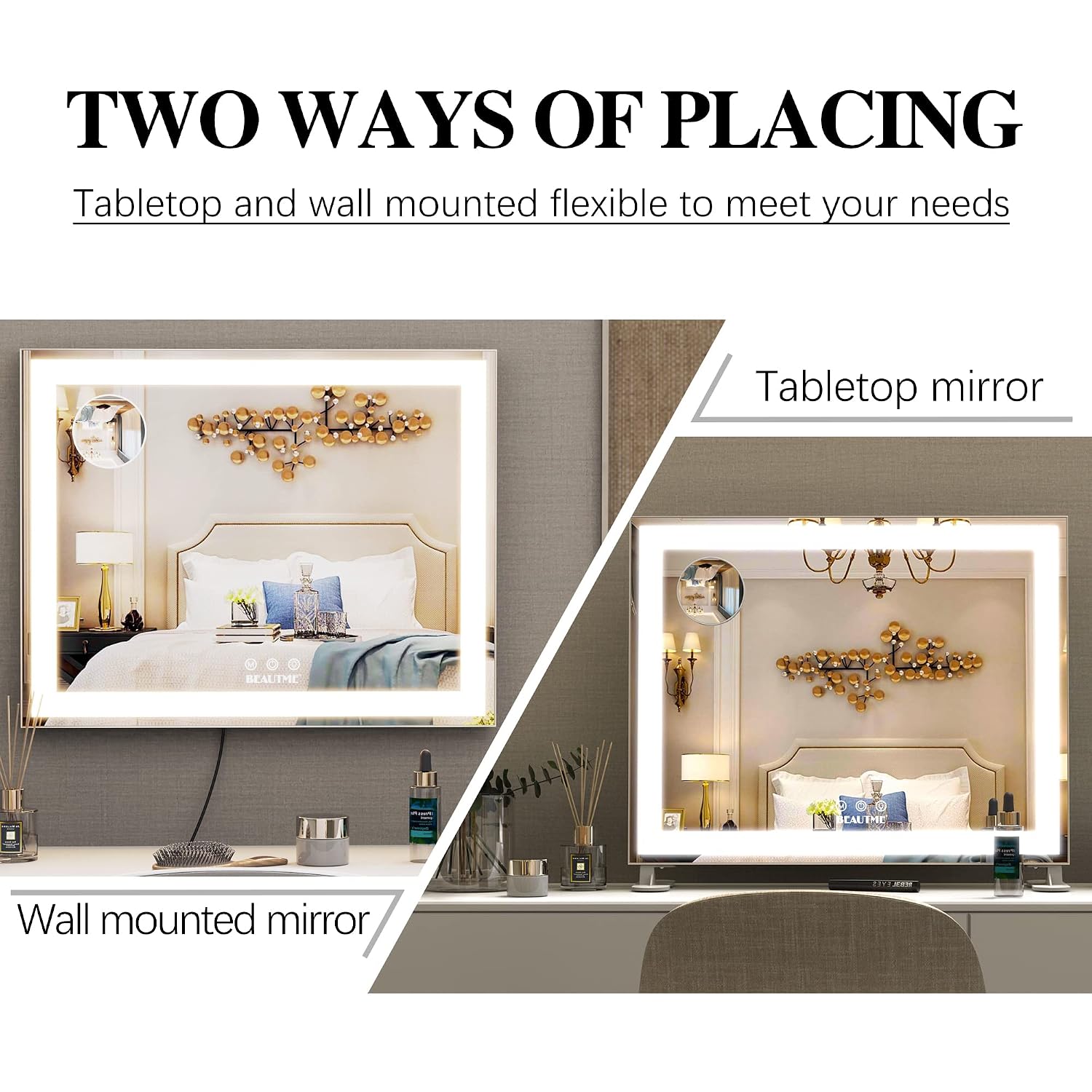 BEAUTME Vanity Mirror with Lights,Hollywood Lighted Makeup Cosmetic Mirrors with Smart Button,Tabletop Makeup Mirrors,with10X Round Mirror,48.5x40.5cm,Silver