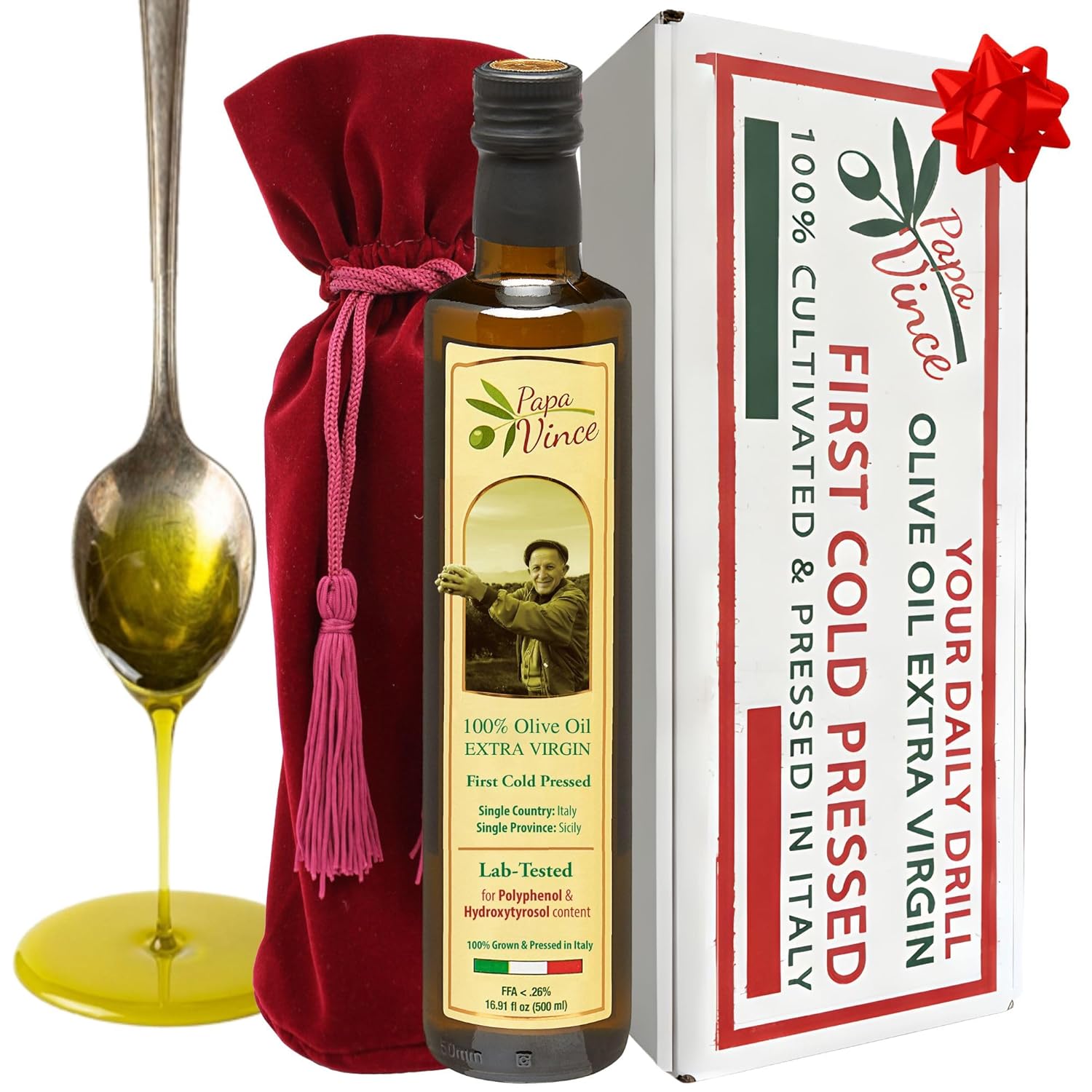 Papa Vince Olive Oil Gourmet Gift - Dipping Olive Oil, First Cold Pressed, Extra Virgin, Premium Harvest, Peppery finish, Bread Dipping oil. Great for Drinking and Drizzling. Family-owned, Sicily Italy