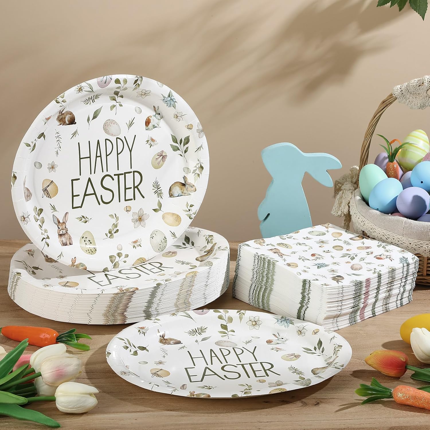 Havawish 150Pcs Easter Paper Plates and Napkins Sets 50Pcs 11 Inch Easter Disposable Oval Plates and 100 Pcs 13 Inch Easter Paper Napkins for Easter Spring Holiday Party Supplies(Happy Easter)