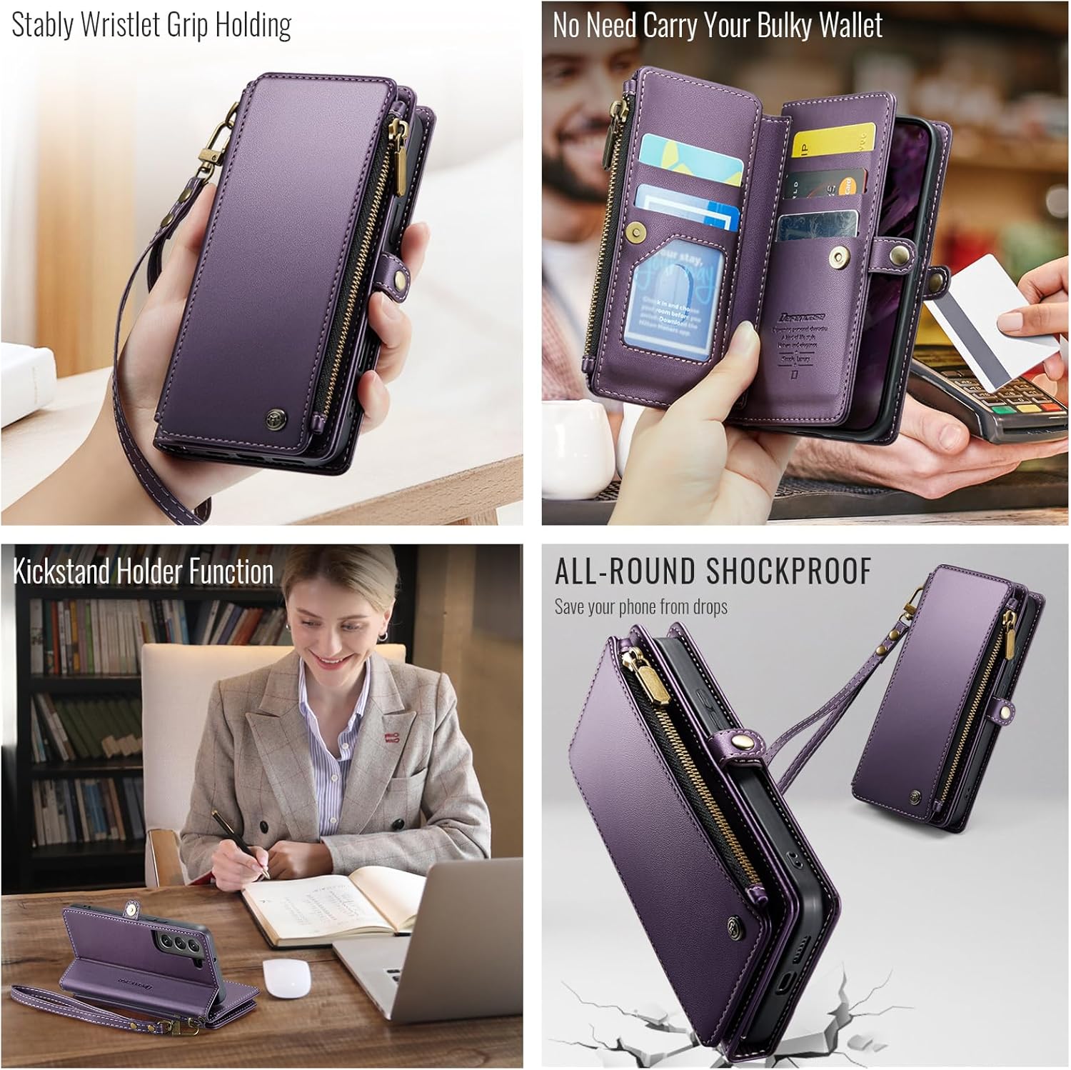 Defencase Compatible with Samsung Galaxy S22 5G Case Wallet with RFID Blocking Card Holder for Women Men, PU Leather Magnetic Snap Flip Zipper Strap Wallet Phone Case Fit for Galaxy S22 6.1", Purple - Image 4