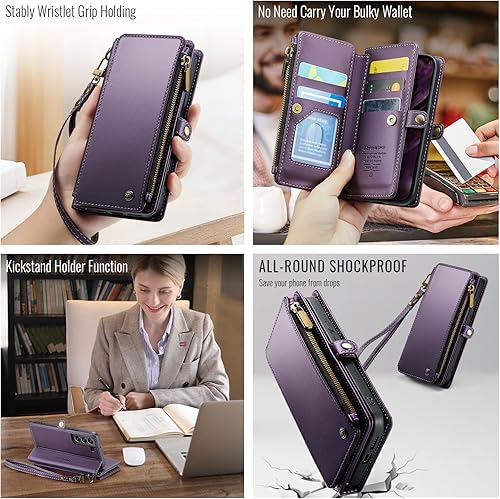 Miniatura 4 de Defencase Funda para Samsung Galaxy S22, bloqueo RFID, para Galaxy S22 para mujeres y hombres con tarjetero y correa magnética de piel sintética