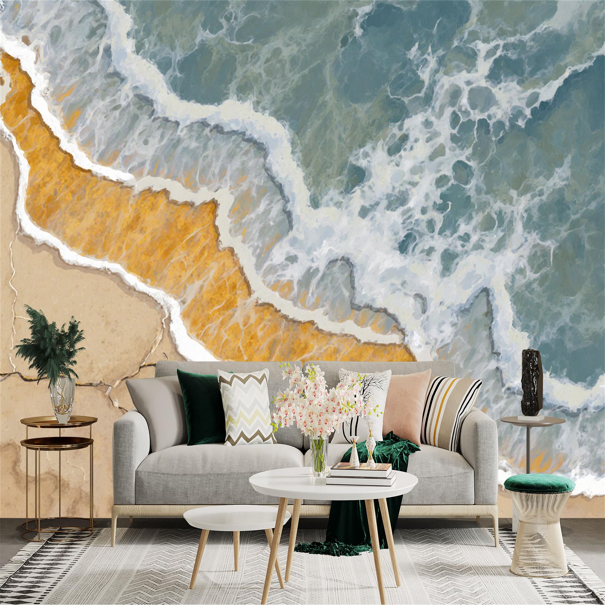 Custom Size Wall Sticker Mural， Aerial View of Ocean Waves， Golden Sand Beach， Relaxing Coastal Scenery， for wall Decoration， peelandstick wall Decals.
