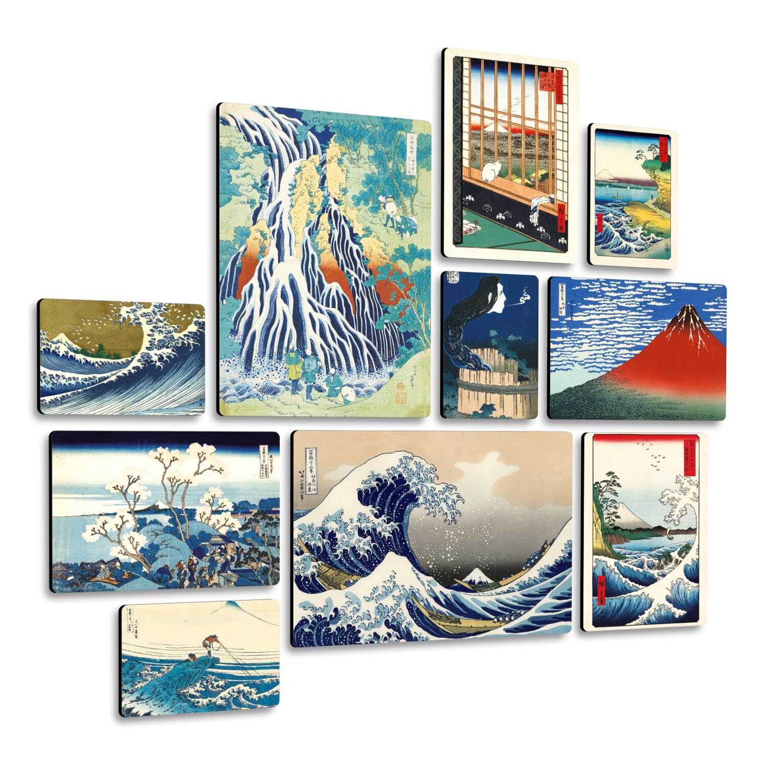 Giallobus - Ensemble de 10 peintures multi-panneaux - Hokusai Hiroshige - Bois MDF - - 2 x 42x29,7cm - 4 x 29,7x21cm - 4 x 21x14,85cm - - Prêt à accrocher - Tableaux
