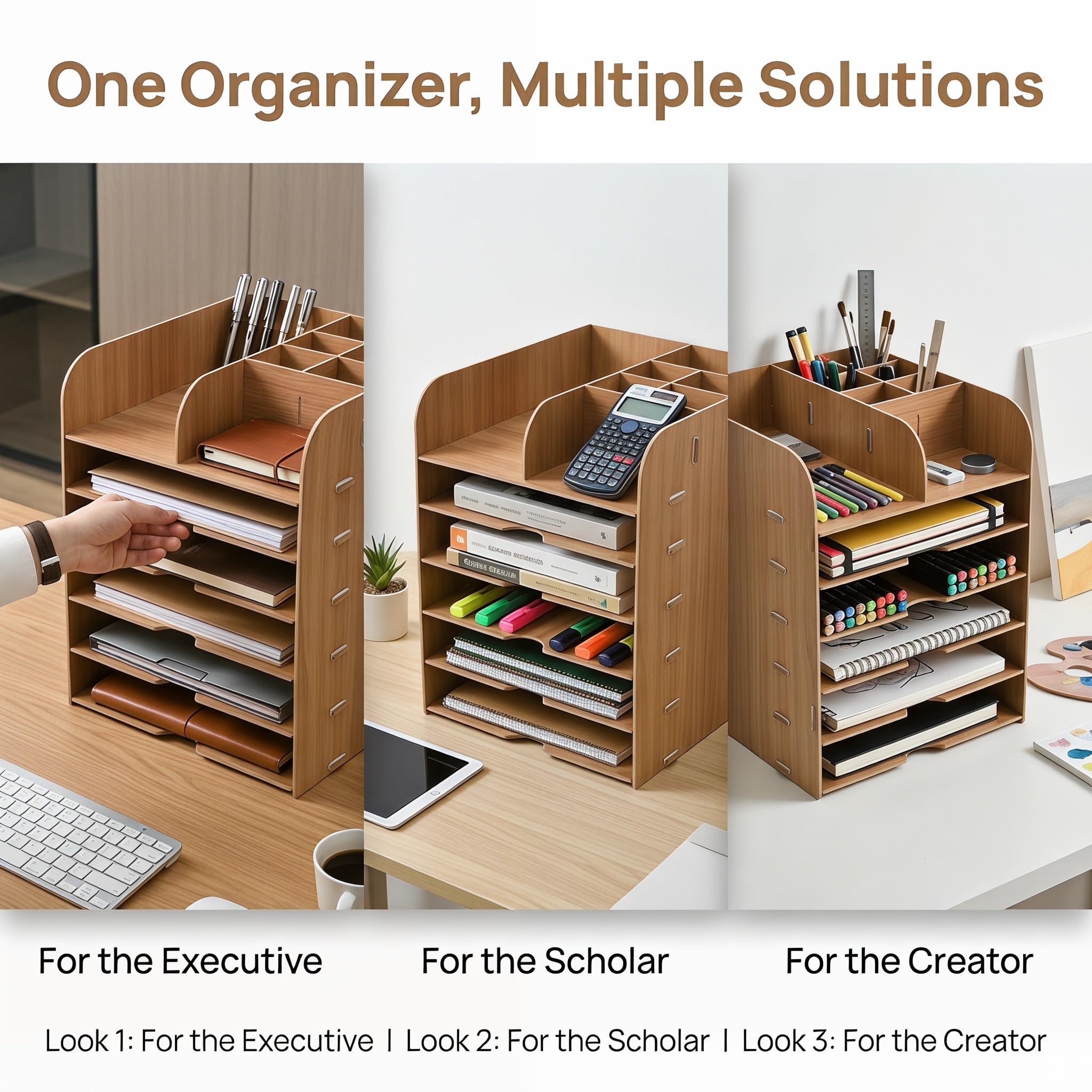 Organiseur de bureau à 5 compartiments en bois avec porte-stylo, porte-documents A4, porte-courrier, porte-magazines, porte-papier, classeur A4, pour bureau, maison, bureau, école, bureau