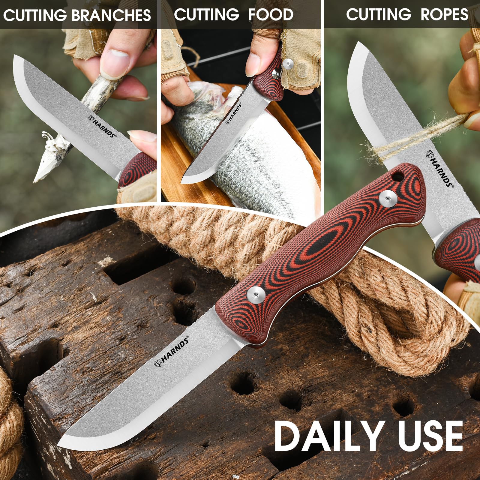 HARNDS Discovery Cuchillo de fijación de tono completo al aire libre en acero 10Cr15CoMoV con empuñadura G10 extraíble, carcasa ajustable, alisado escandinavo (negro-rojo)