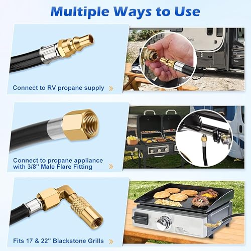 Miniatura 3 de WADEO Adaptador de codo de propano con manguera de extensión para parrilla Blackstone de 17 pulgadas y 22 pulgadas, manguera de conexión rápida de