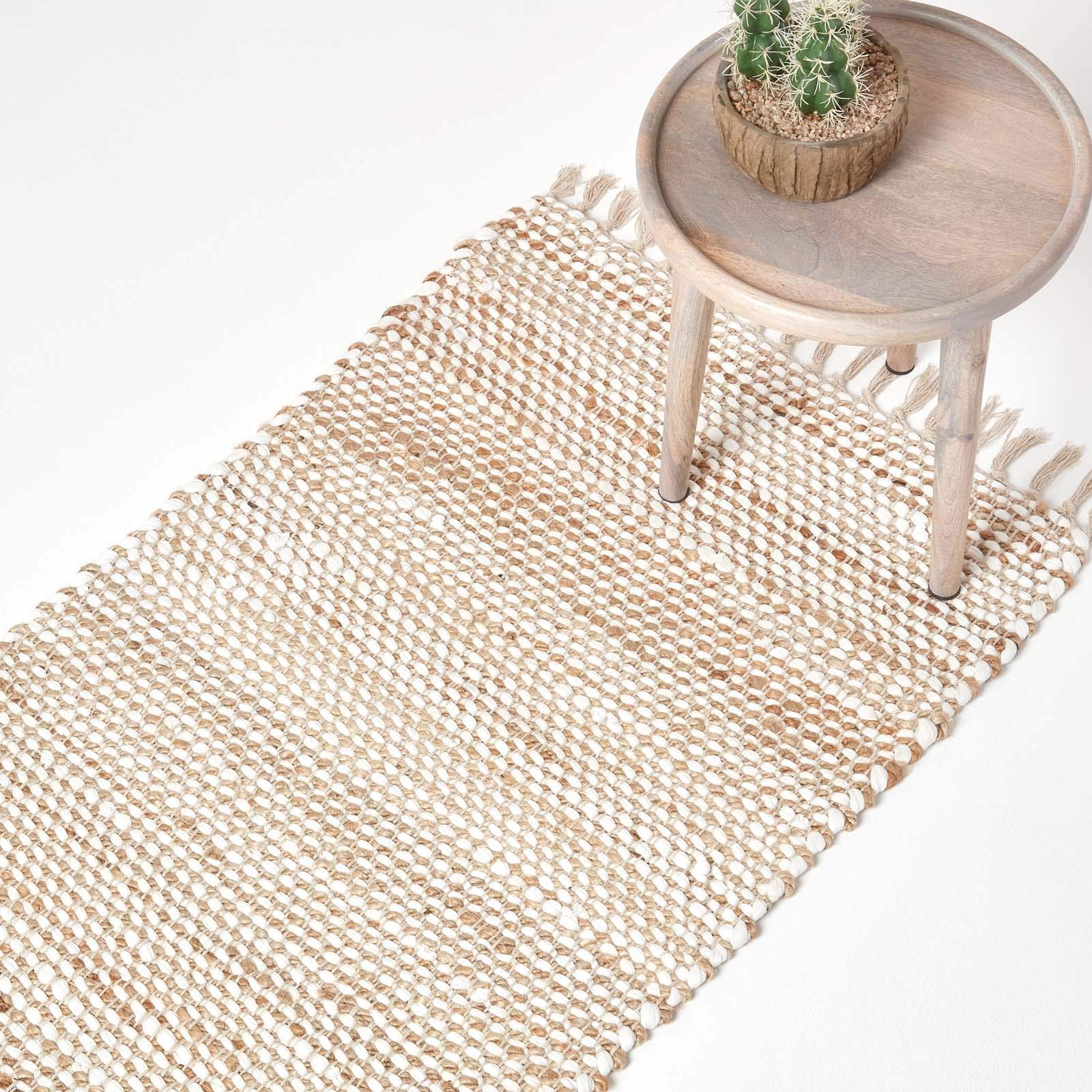 Homescapes Chindi-Teppichläufer Horizon 66x200 cm, handgewebter Teppich im Flickenteppich-Stil mit Zickzack-Muster, Flachgewebe aus Hanf & Baumwolle, Creme-Natur