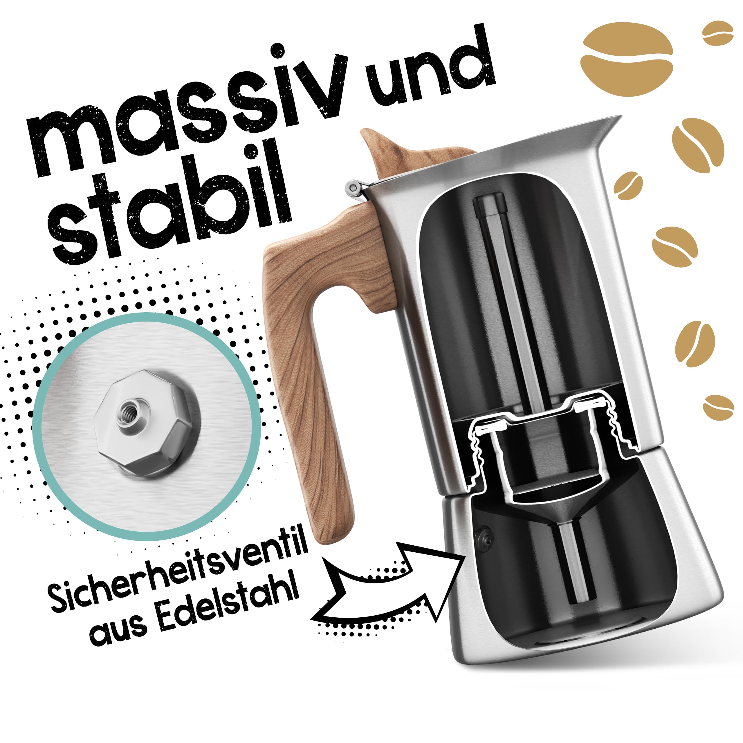 Morgenheld STYLE Espressokocher Edelstahl 6 Tassen (300 ml) – induktionsgeeignet, für alle Herdarten – Mokkakanne mit Spülmaschinen-Einsatz – auch für Camping & Outdoor