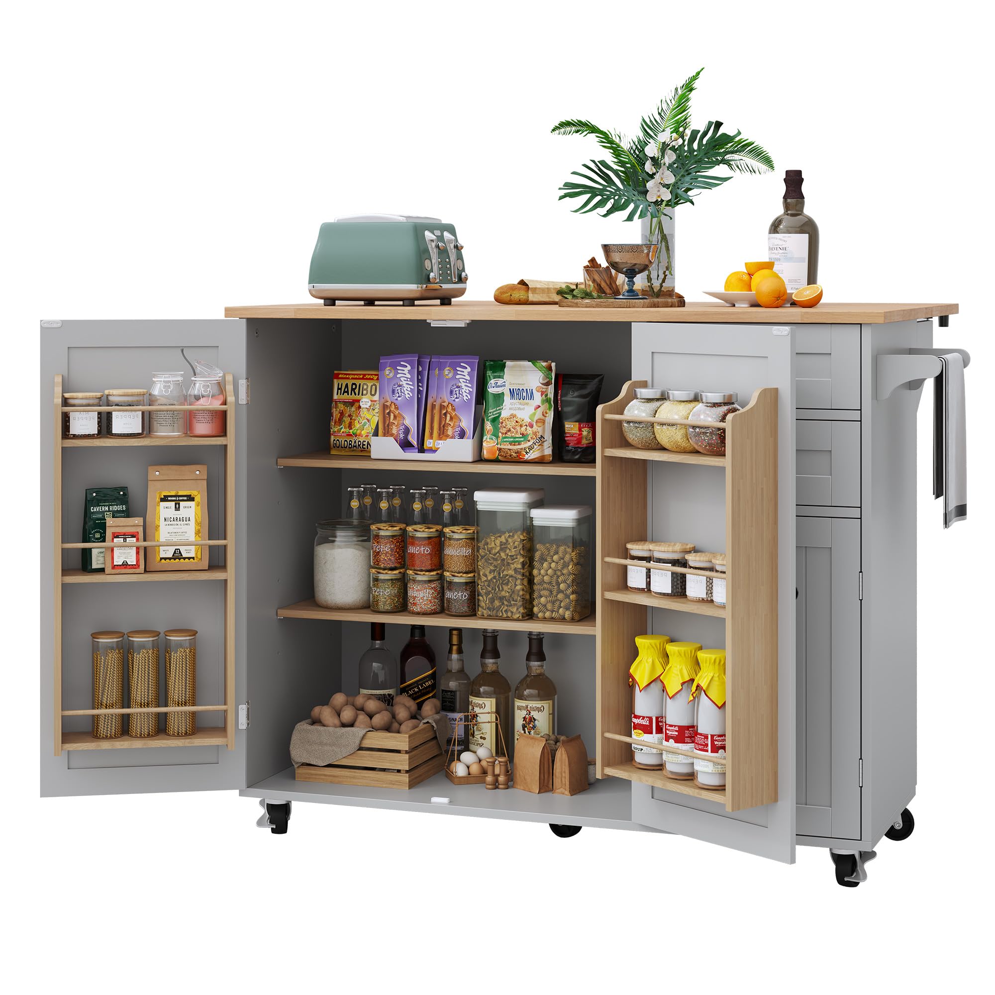 HLR Kitchen Island with Storage, Grey Rolling Kitchen Island on Wheels with Drop-Leaf Bar Countertop, Prep Table with Side Open Spice Rack and Tower Rack, Home Bar Carts with Storage