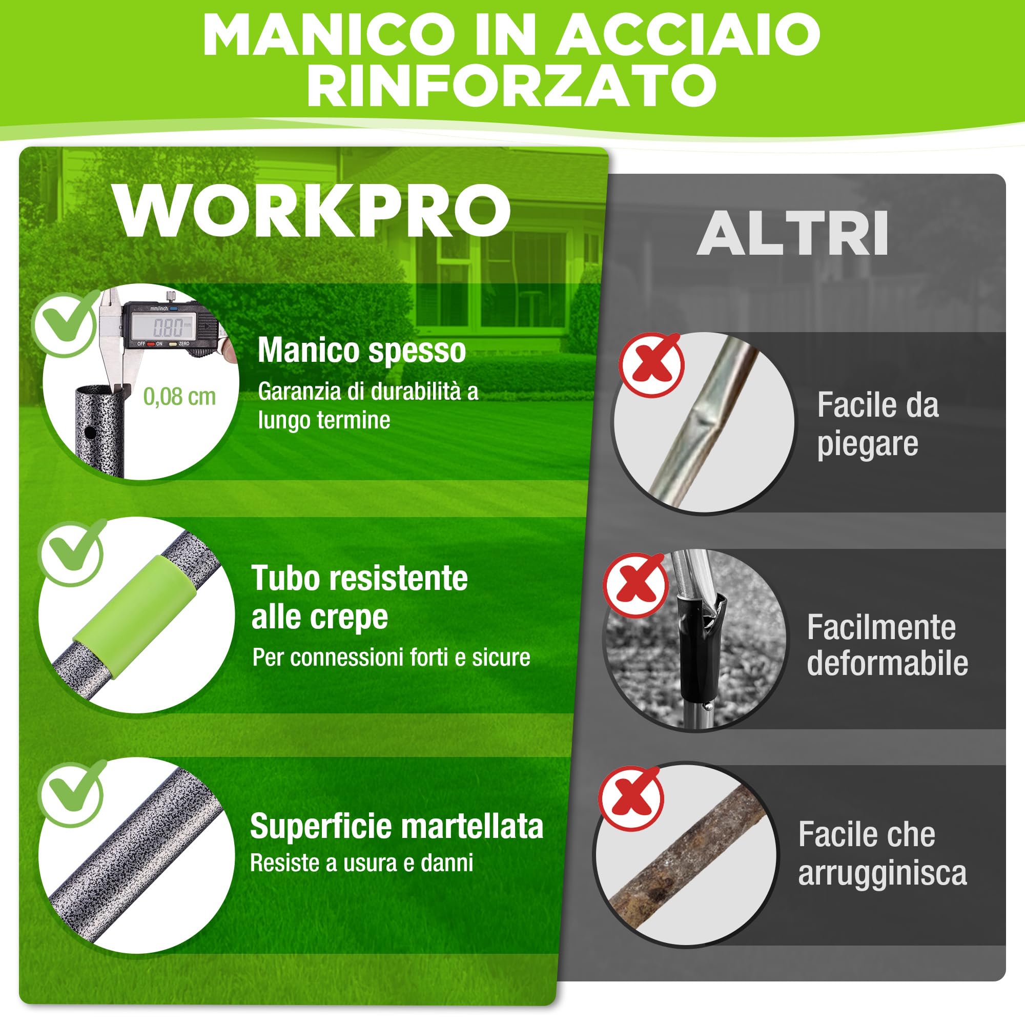 WORKPRO Rastrello per Foglie con Manico, Larghezza di Lavoro 38 cm, Impugnatura Regolabile 102–178 cm, Soffiatore per Foglie Ergonomico con Testina Rastrello Bifacciale per Foglie, Cortile e Prato