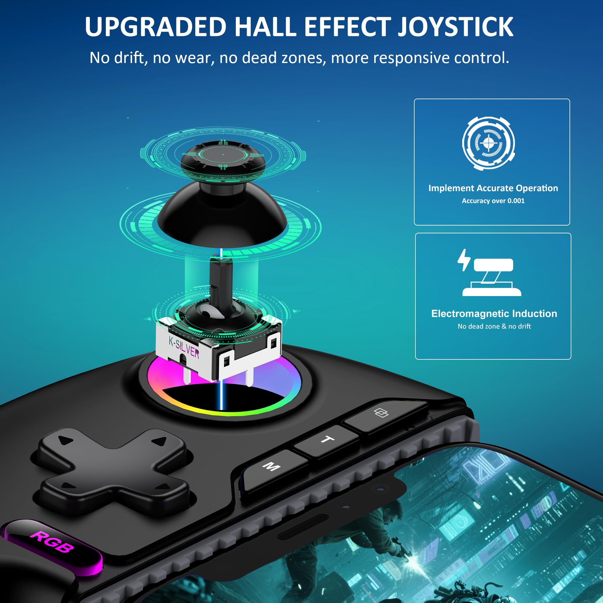 Controlador de juegos móvil inalámbrico para iPhone/Android – Convierte tu iPhone en una consola de juegos – Juega Xbox, PlayStation, Cloud Gamepad para iOS con Hall Joystick, RGB, Turbo (negro)