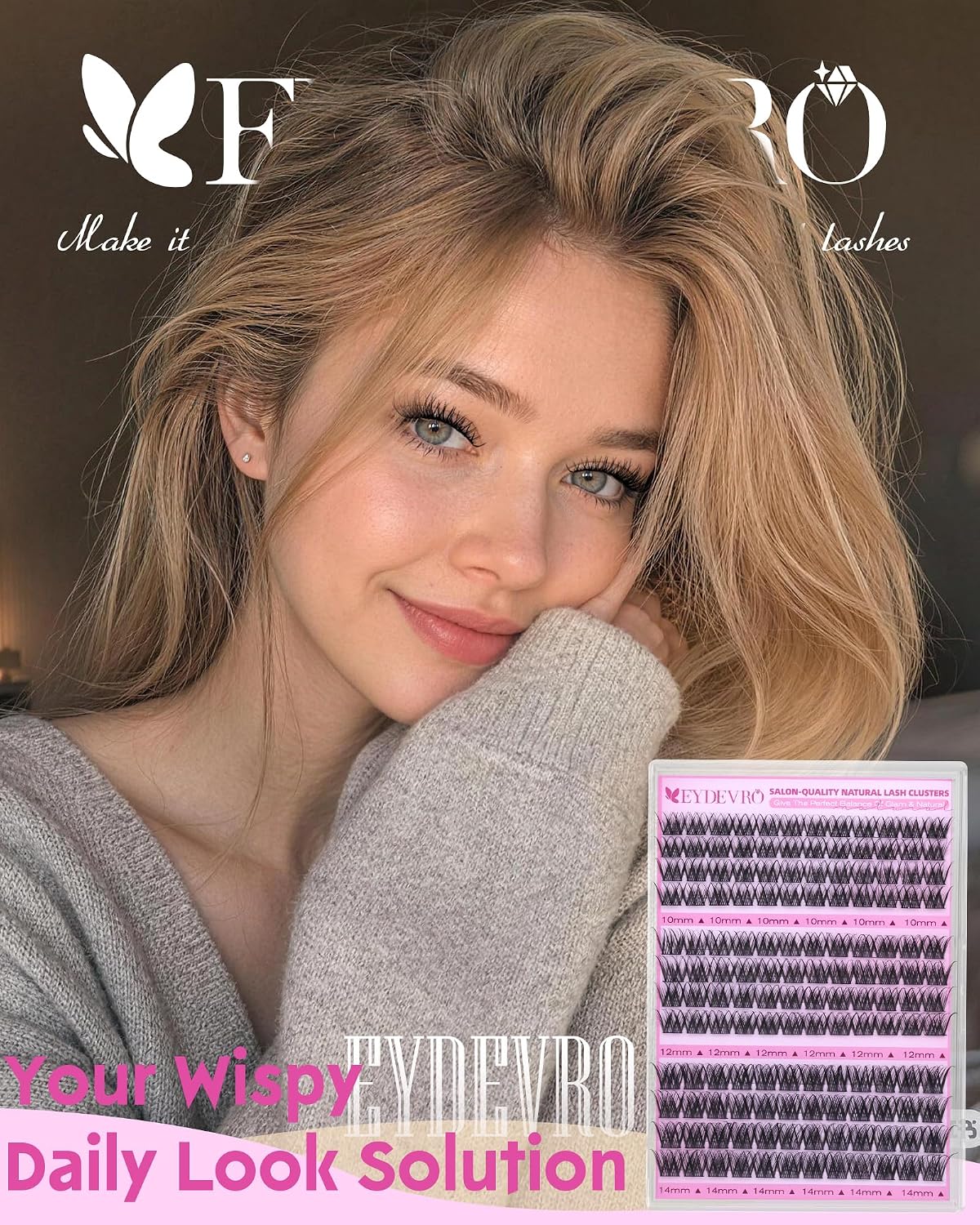 EYDEVRO Wispy Lash Clusters 10-12-14mm Natural Eyelash Clusters Slightly Fluffy Cluster Eyelash Extensions DIY Lash Extensions at Home for Everyday Natural Look Thin Band Cluster Lashes Waterproof image 2